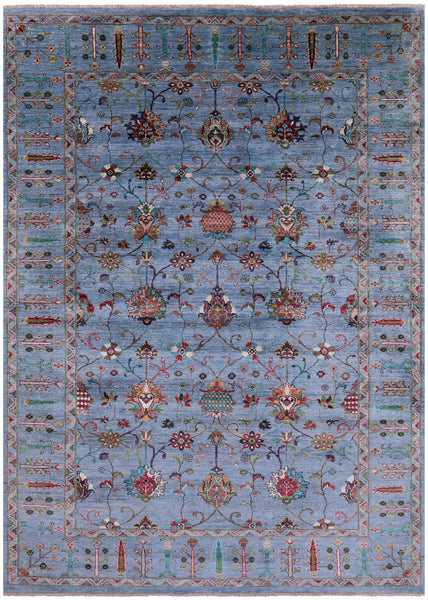 Blue Peshawar Hand Knotted Wool Rug - 6' 10" X 9' 9" - Golden Nile