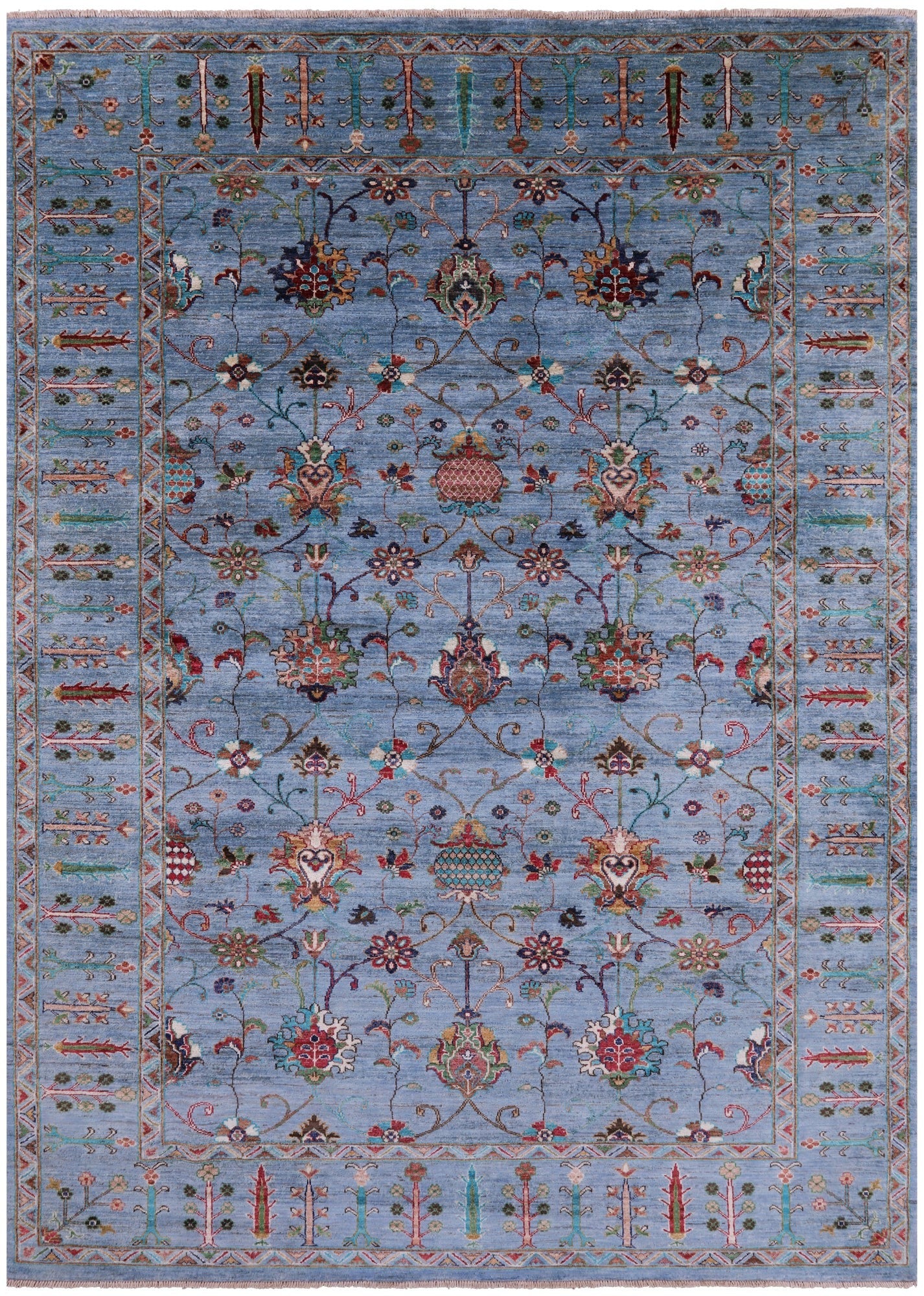 Blue Peshawar Hand Knotted Wool Rug - 6' 10" X 9' 9" - Golden Nile