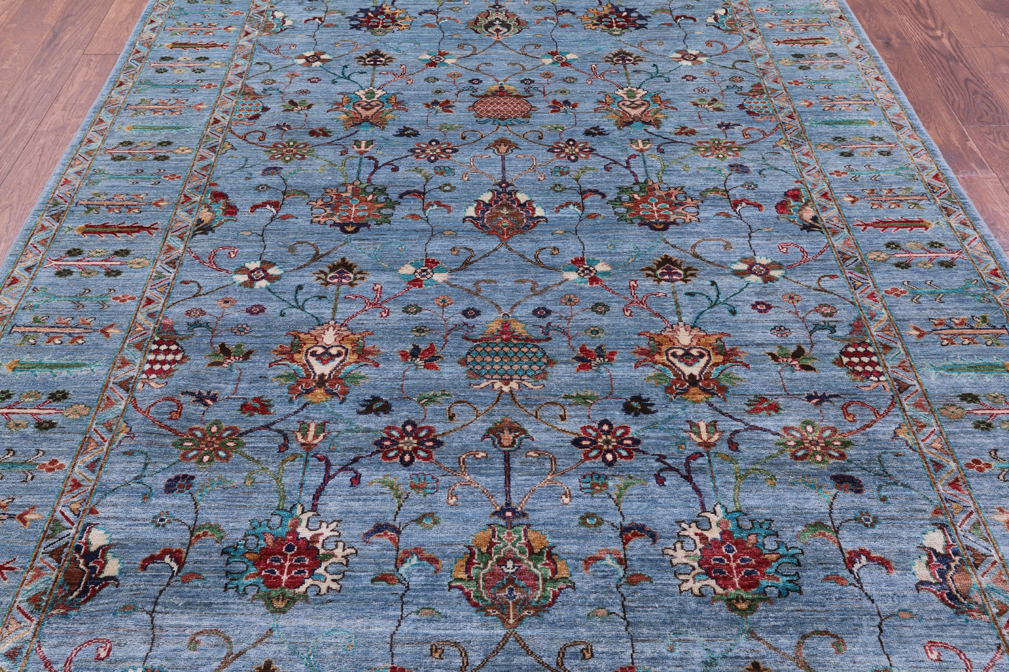 Blue Peshawar Hand Knotted Wool Rug - 6' 10" X 9' 9" - Golden Nile