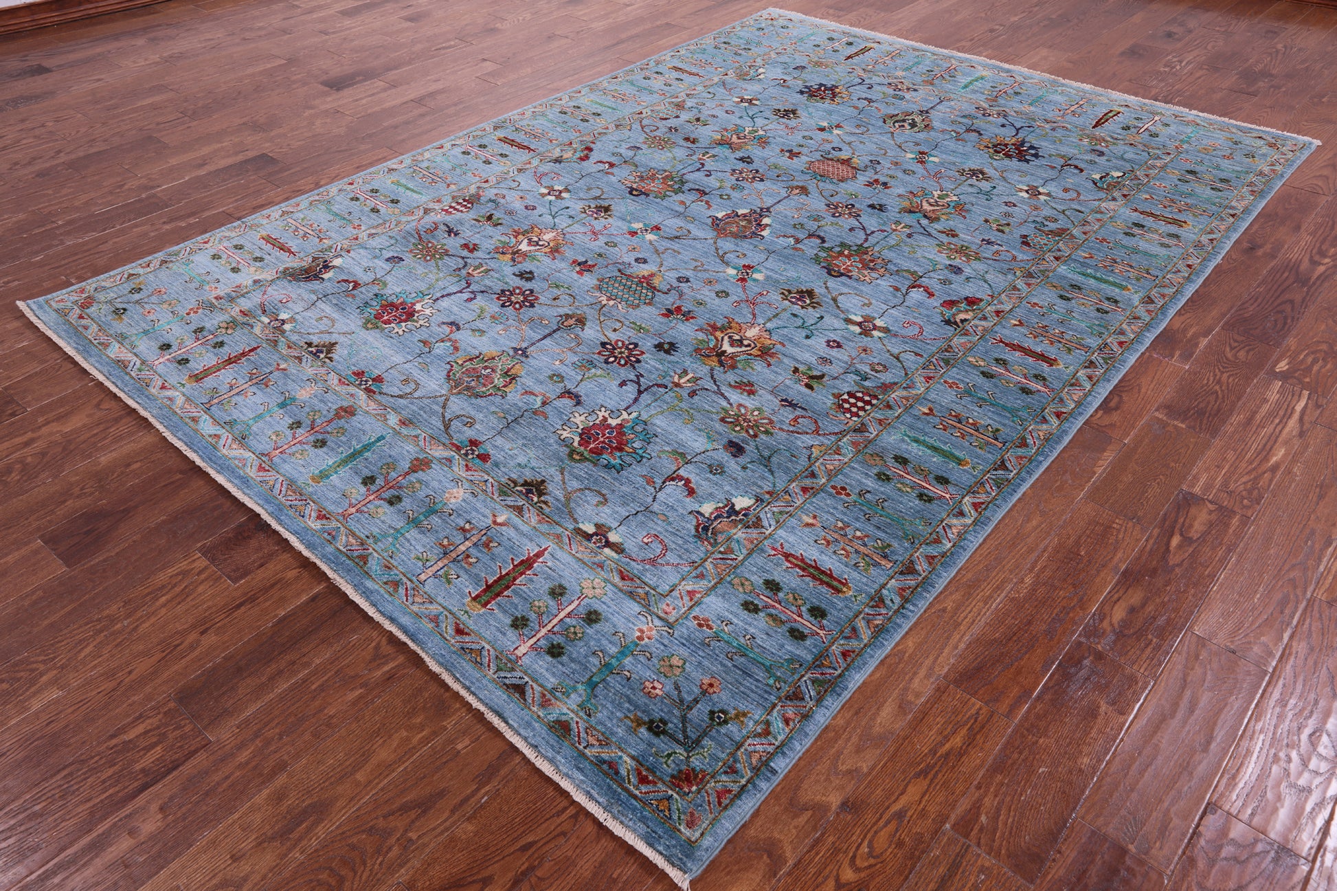 Blue Peshawar Hand Knotted Wool Rug - 6' 10" X 9' 9" - Golden Nile