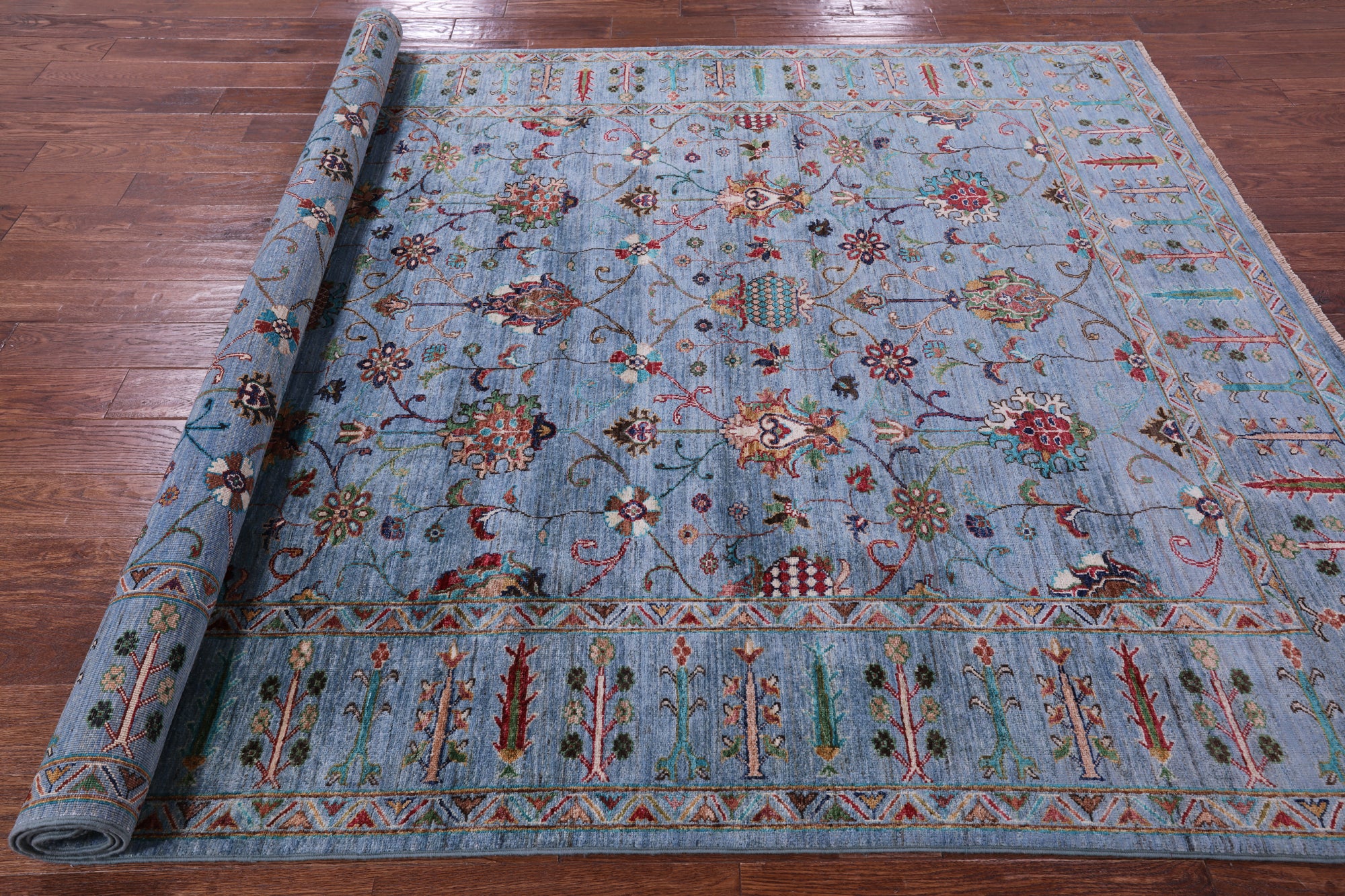 Blue Peshawar Hand Knotted Wool Rug - 6' 10" X 9' 9" - Golden Nile