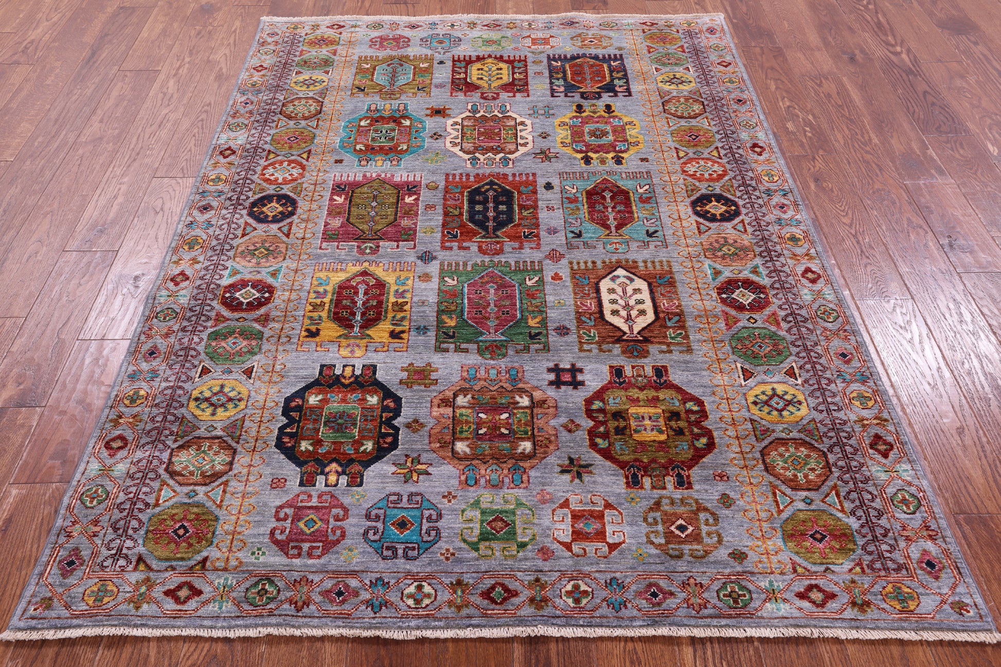 Grey Turkmen Ersari Hand Knotted Wool Rug - 5' 0" X 6' 8" - Golden Nile
