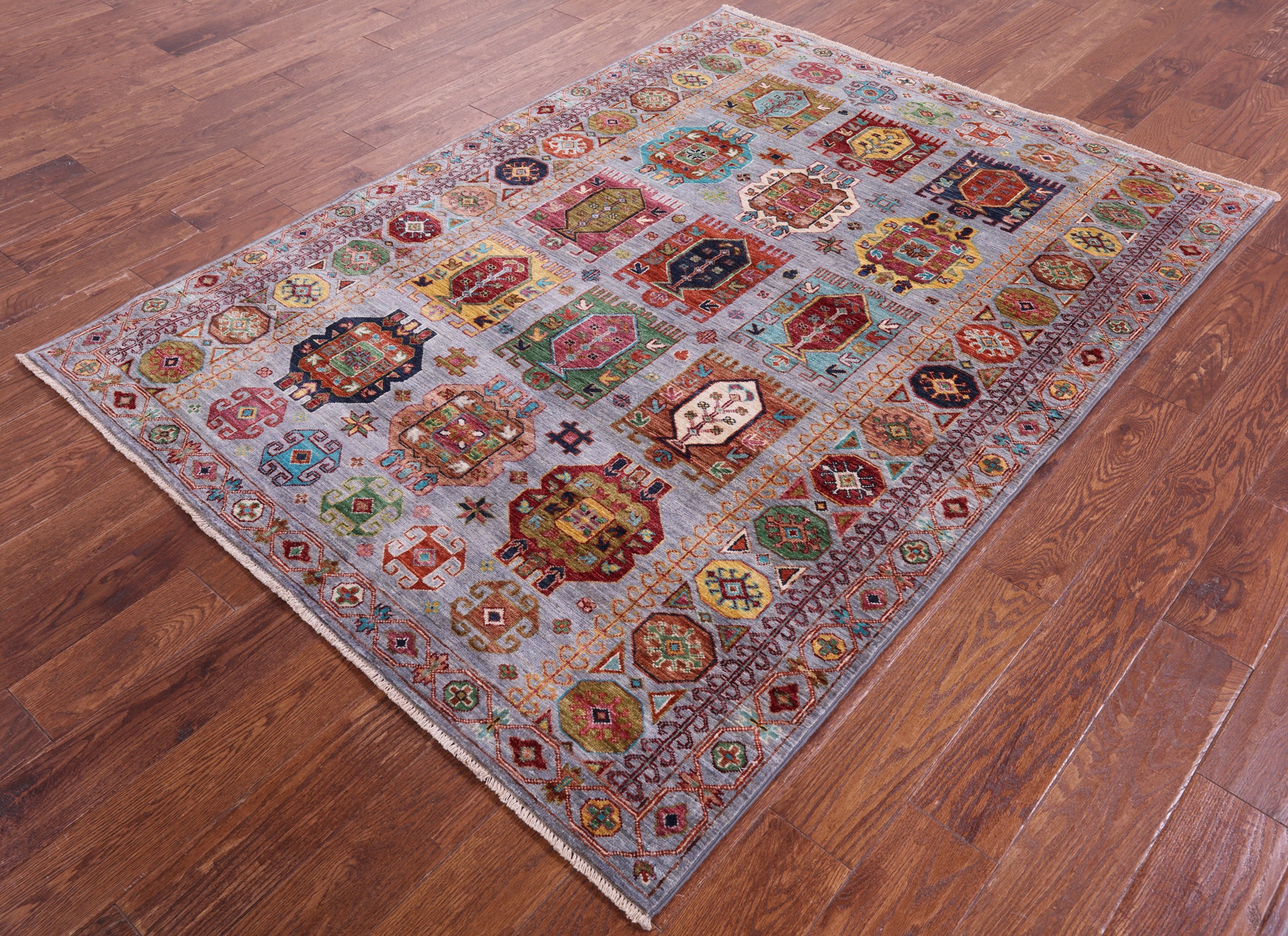 Grey Turkmen Ersari Hand Knotted Wool Rug - 5' 0" X 6' 8" - Golden Nile