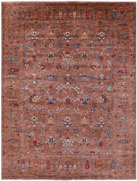 Brown Peshawar Hand Knotted Wool Rug - 9' 0" X 12' 0" - Golden Nile