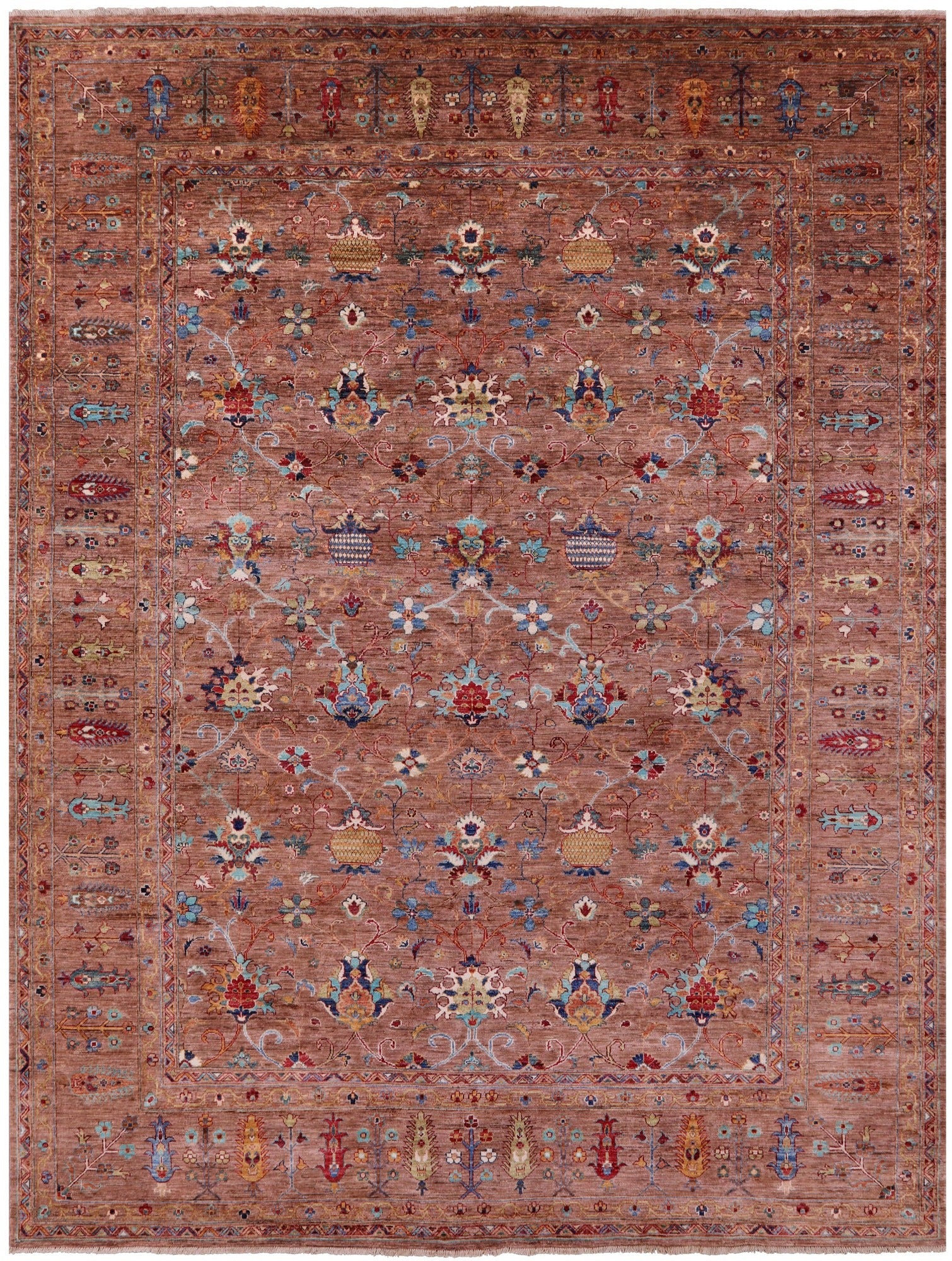 Brown Peshawar Hand Knotted Wool Rug - 9' 0" X 12' 0" - Golden Nile