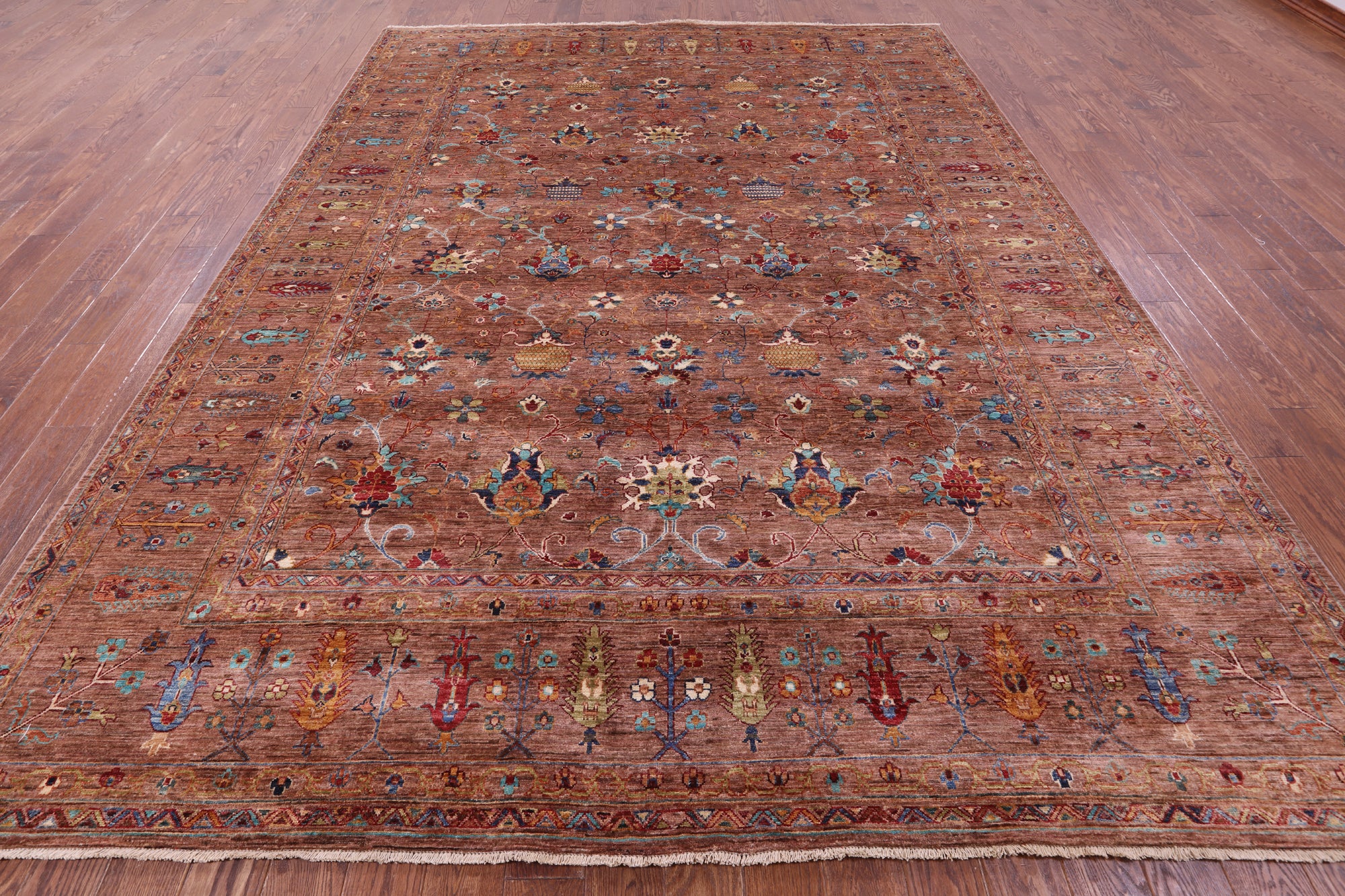 Brown Peshawar Hand Knotted Wool Rug - 9' 0" X 12' 0" - Golden Nile