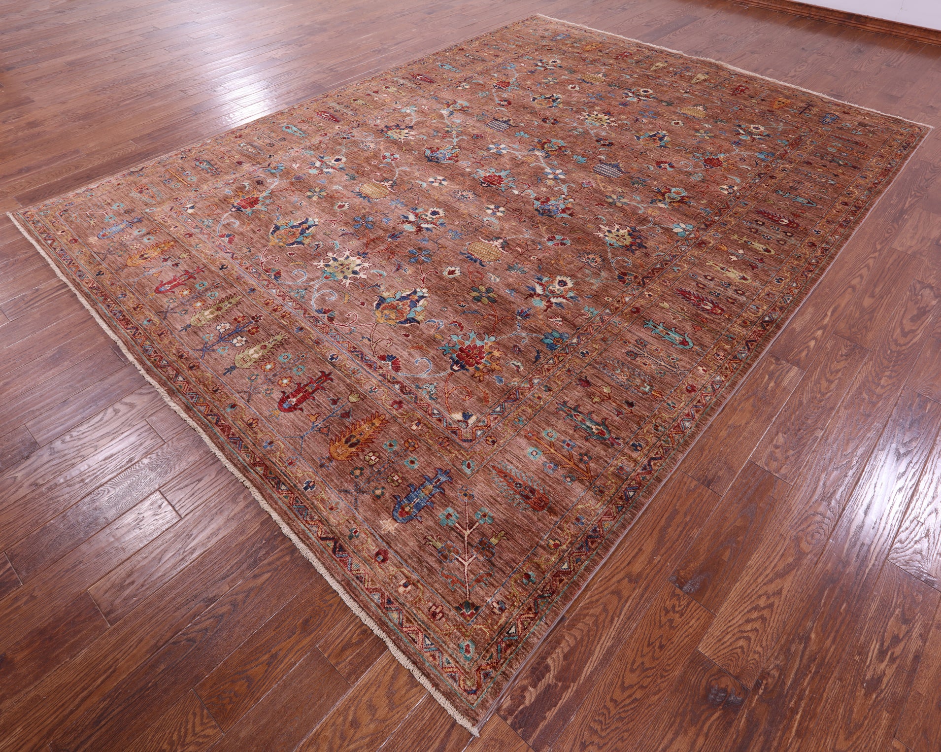 Brown Peshawar Hand Knotted Wool Rug - 9' 0" X 12' 0" - Golden Nile
