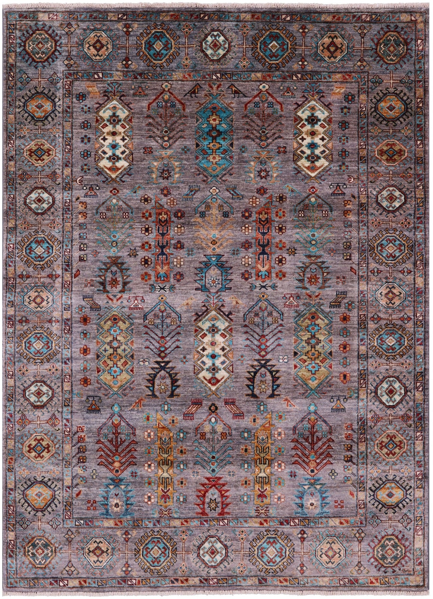 Grey Turkmen Ersari Hand Knotted Wool Rug - 5' 0" X 6' 9" - Golden Nile