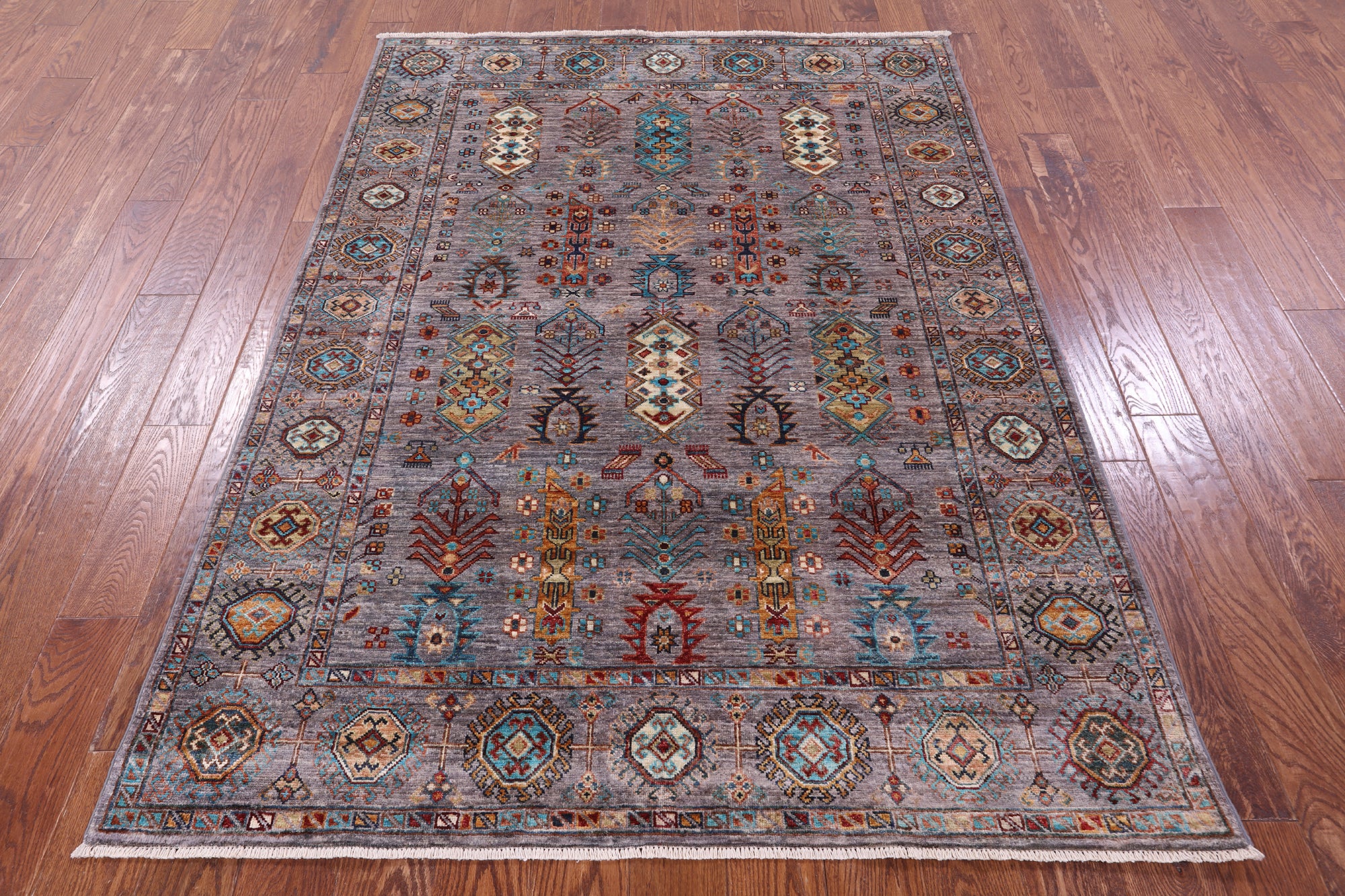 Grey Turkmen Ersari Hand Knotted Wool Rug - 5' 0" X 6' 9" - Golden Nile