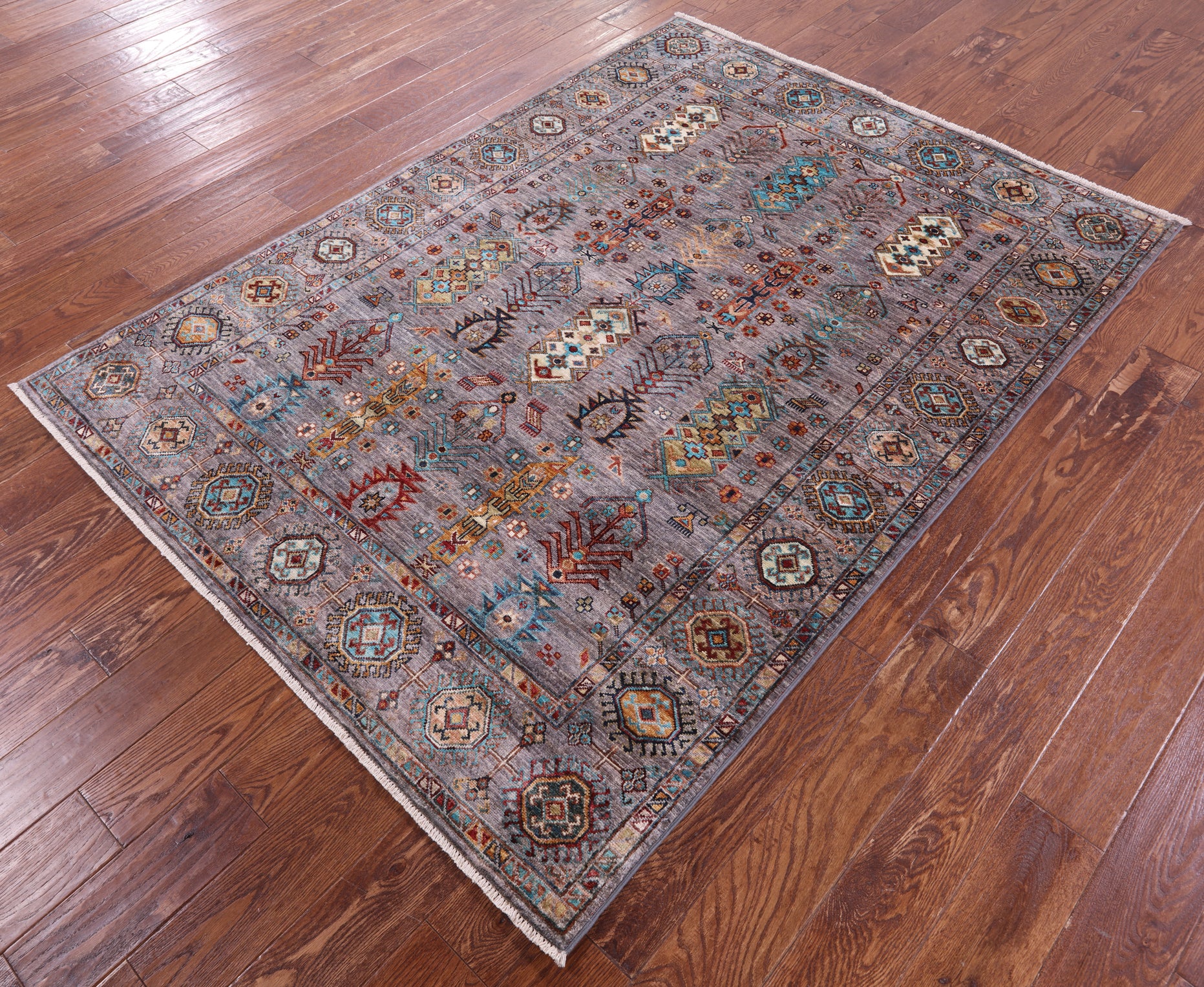 Grey Turkmen Ersari Hand Knotted Wool Rug - 5' 0" X 6' 9" - Golden Nile