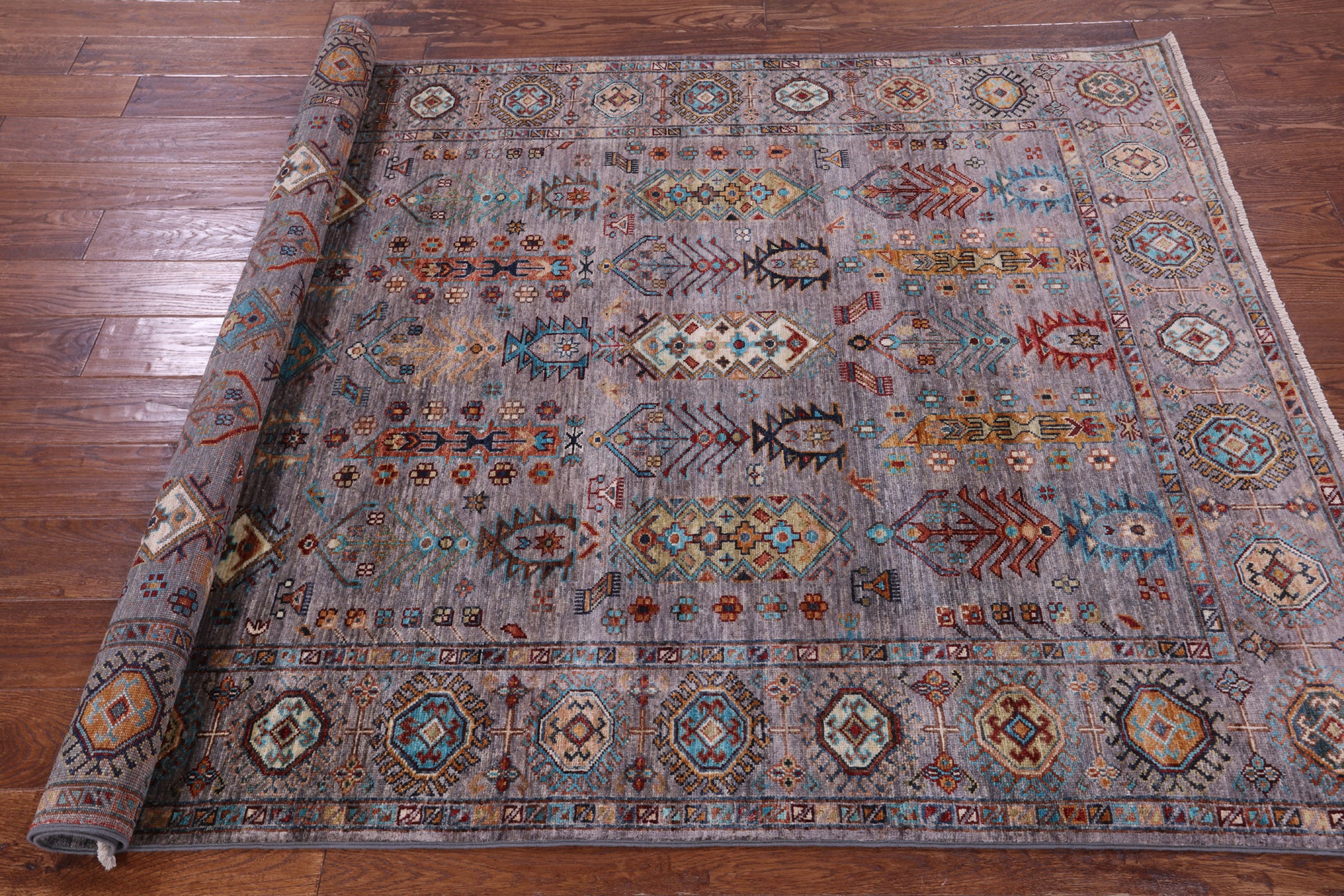 Grey Turkmen Ersari Hand Knotted Wool Rug - 5' 0" X 6' 9" - Golden Nile