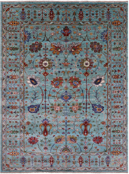 Blue Peshawar Hand Knotted Wool Rug - 5' 8" X 7' 10" - Golden Nile