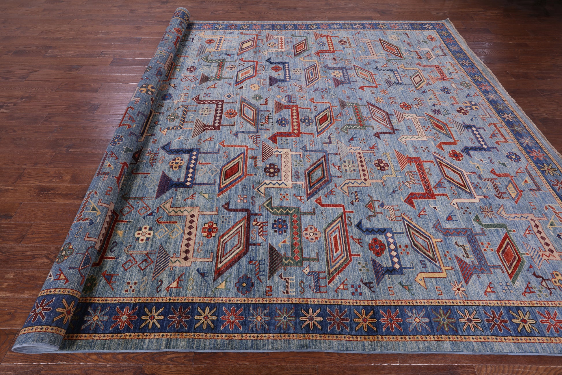 Blue Persian Fine Serapi Hand Knotted Wool Rug - 9' 10" X 14' 1" - Golden Nile