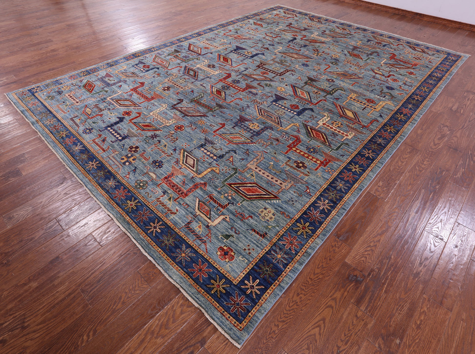 Blue Persian Fine Serapi Hand Knotted Wool Rug - 9' 10" X 14' 1" - Golden Nile