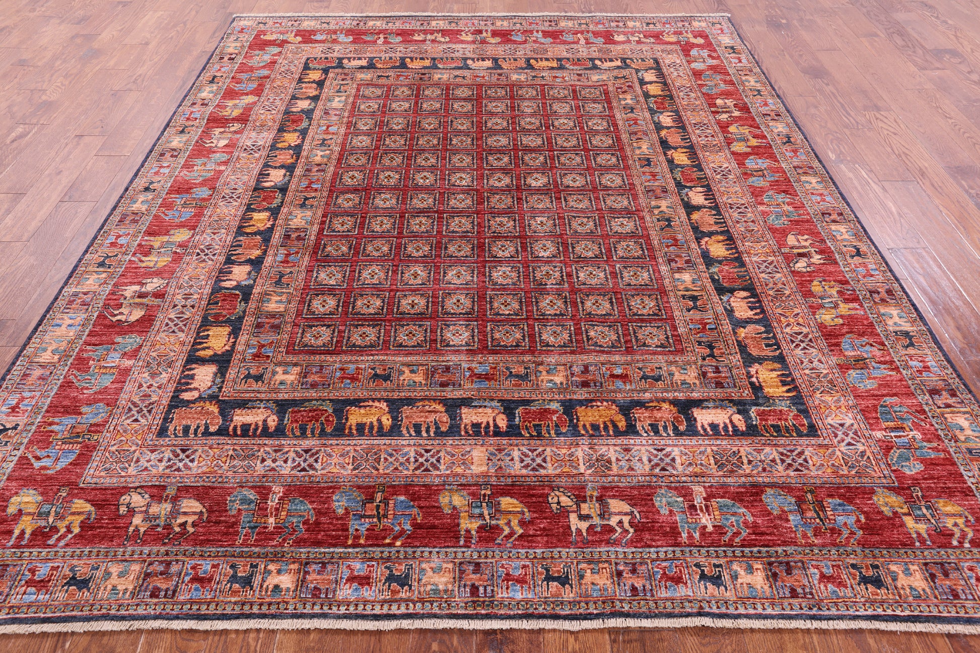 Antiqued Pazyryk Historical Design Hand Knotted Wool Rug - 8' 0" X 9' 7" - Golden Nile
