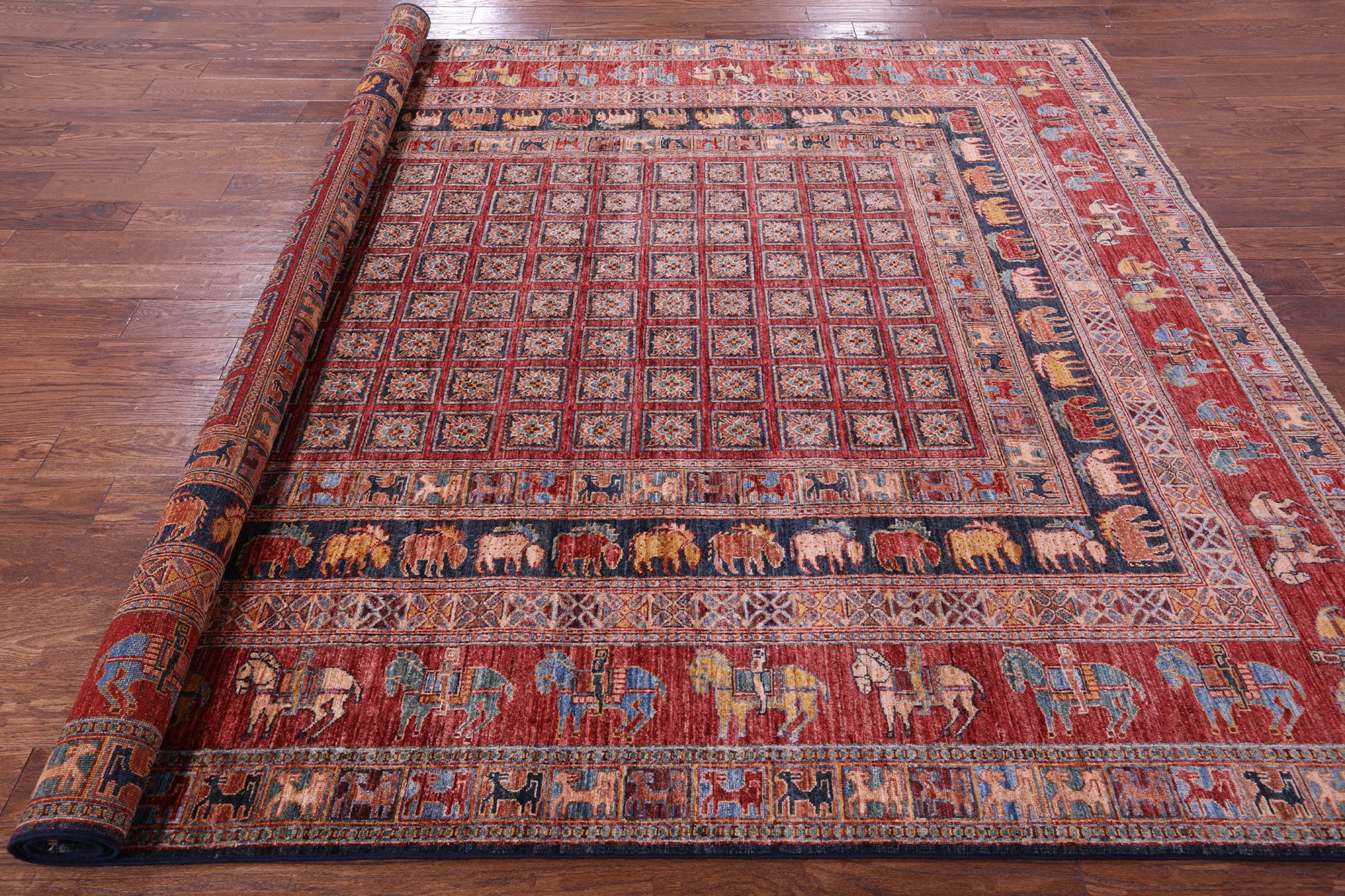 Antiqued Pazyryk Historical Design Hand Knotted Wool Rug - 8' 0" X 9' 7" - Golden Nile