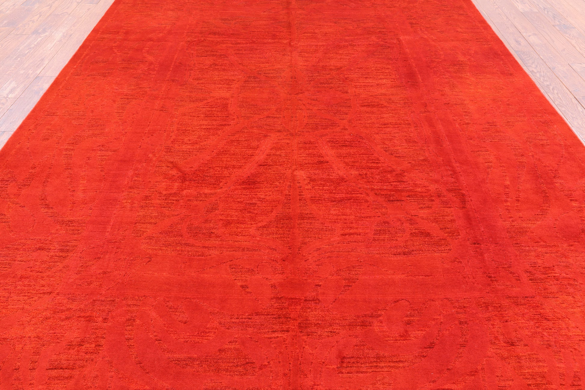 Red William Morris Full Pile Overdyed Hand Knotted Wool Rug - 8' 10" X 11' 10" - Golden Nile
