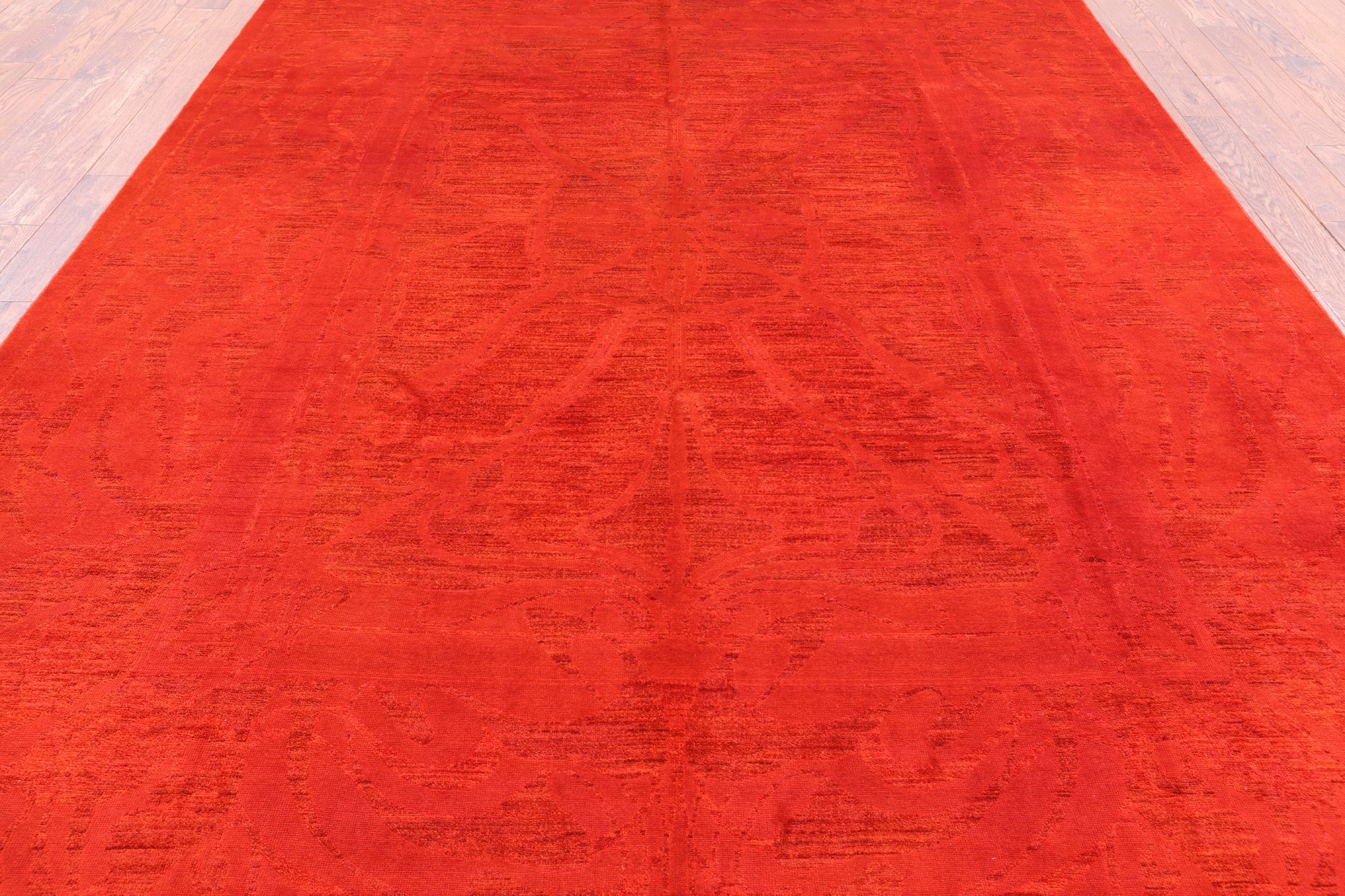Red William Morris Full Pile Overdyed Hand Knotted Wool Rug - 8' 10" X 11' 10" - Golden Nile