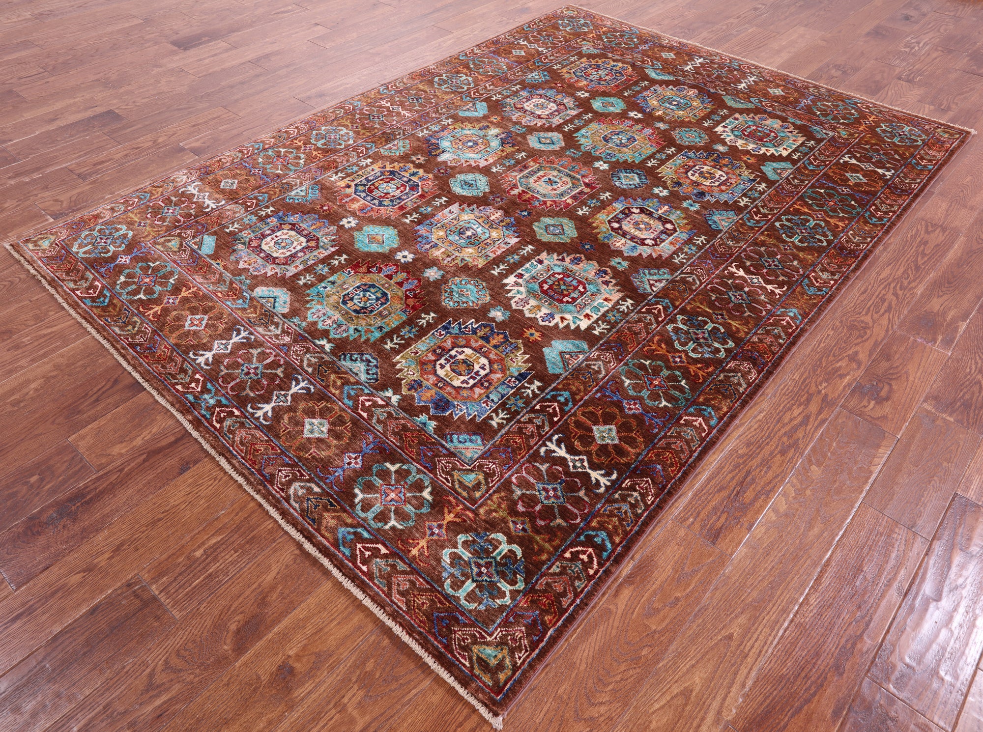 Brown Turkmen Ersari Hand Knotted Wool Rug - 5' 8" X 8' 2" - Golden Nile