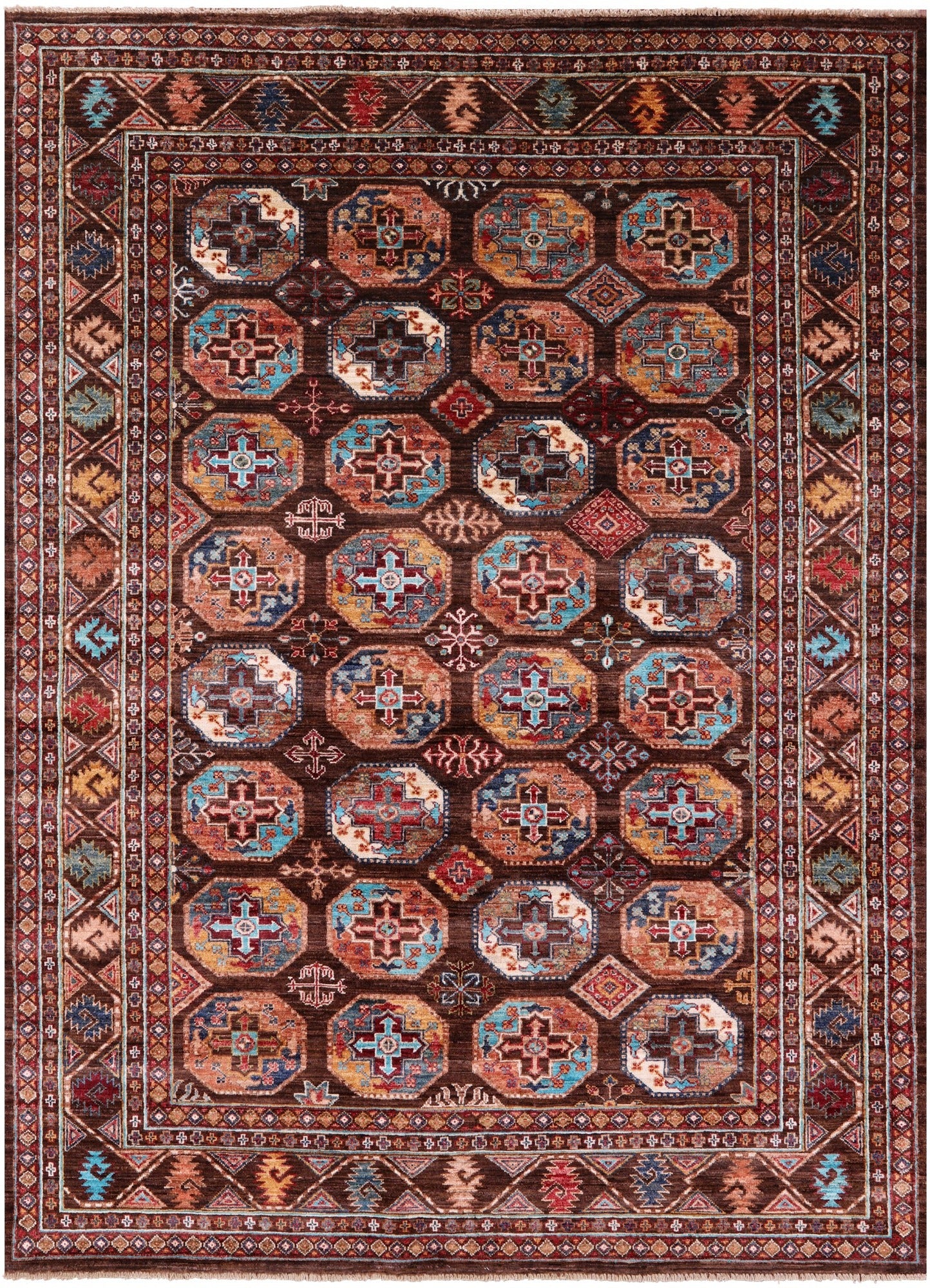 Brown Turkmen Ersari Hand Knotted Wool Rug - 5' 9" X 7' 10" - Golden Nile