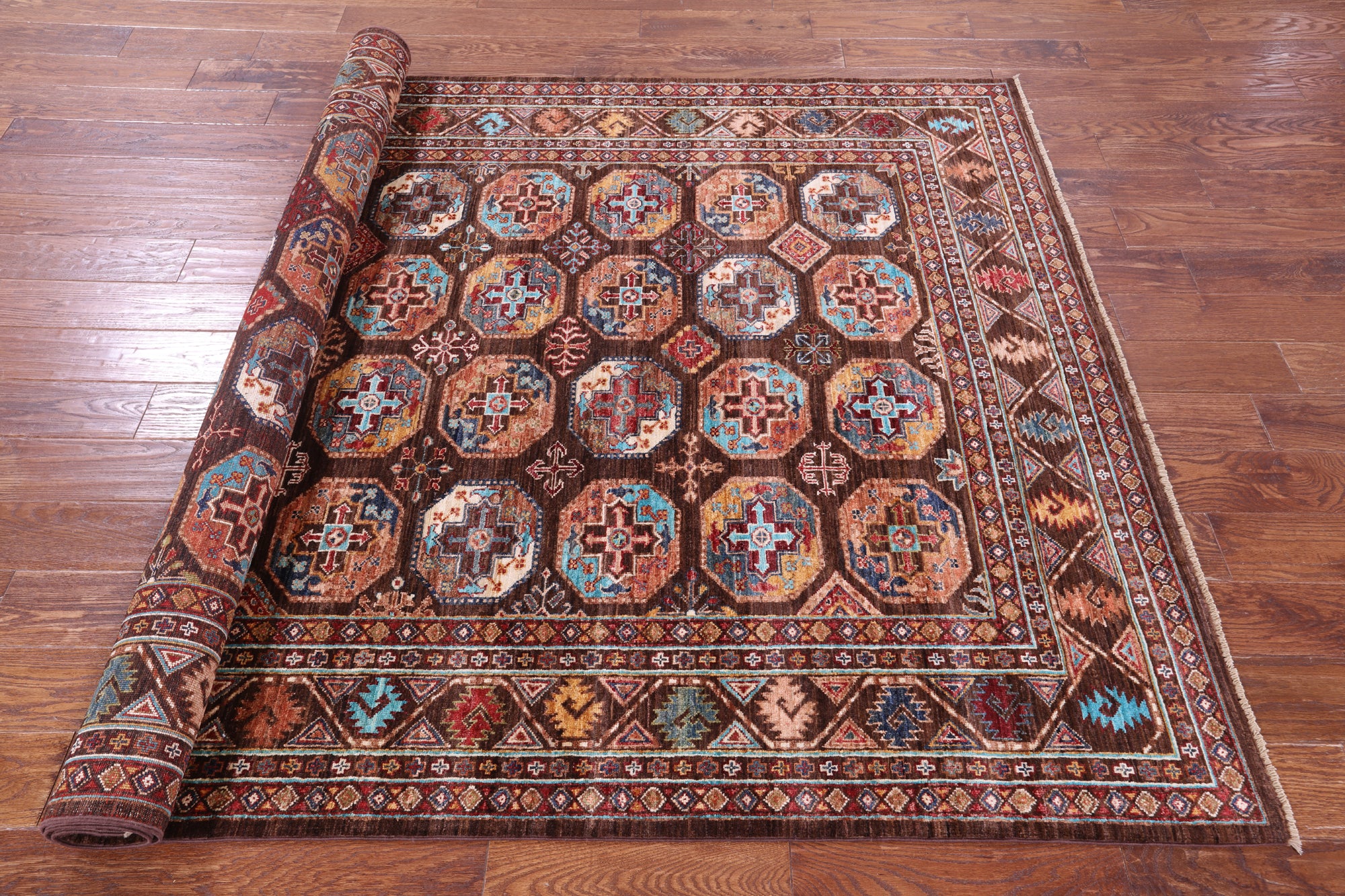 Brown Turkmen Ersari Hand Knotted Wool Rug - 5' 9" X 7' 10" - Golden Nile