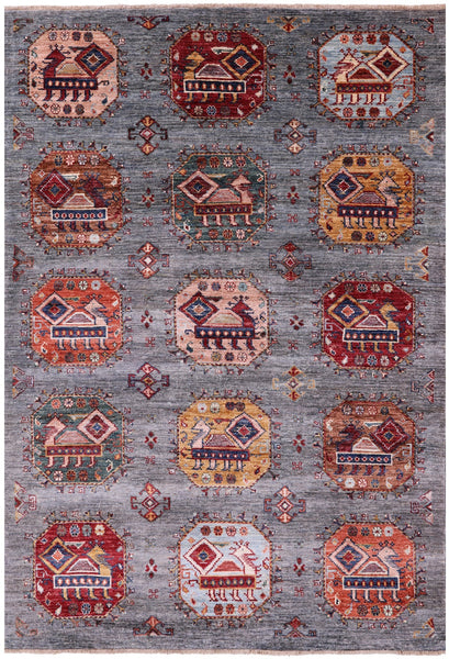 Grey Turkmen Ersari Hand Knotted Wool Rug - 5' 9" X 8' 5" - Golden Nile