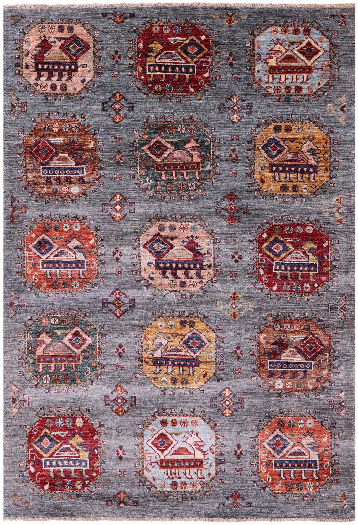 Grey Turkmen Ersari Hand Knotted Wool Rug - 5' 9" X 8' 5" - Golden Nile