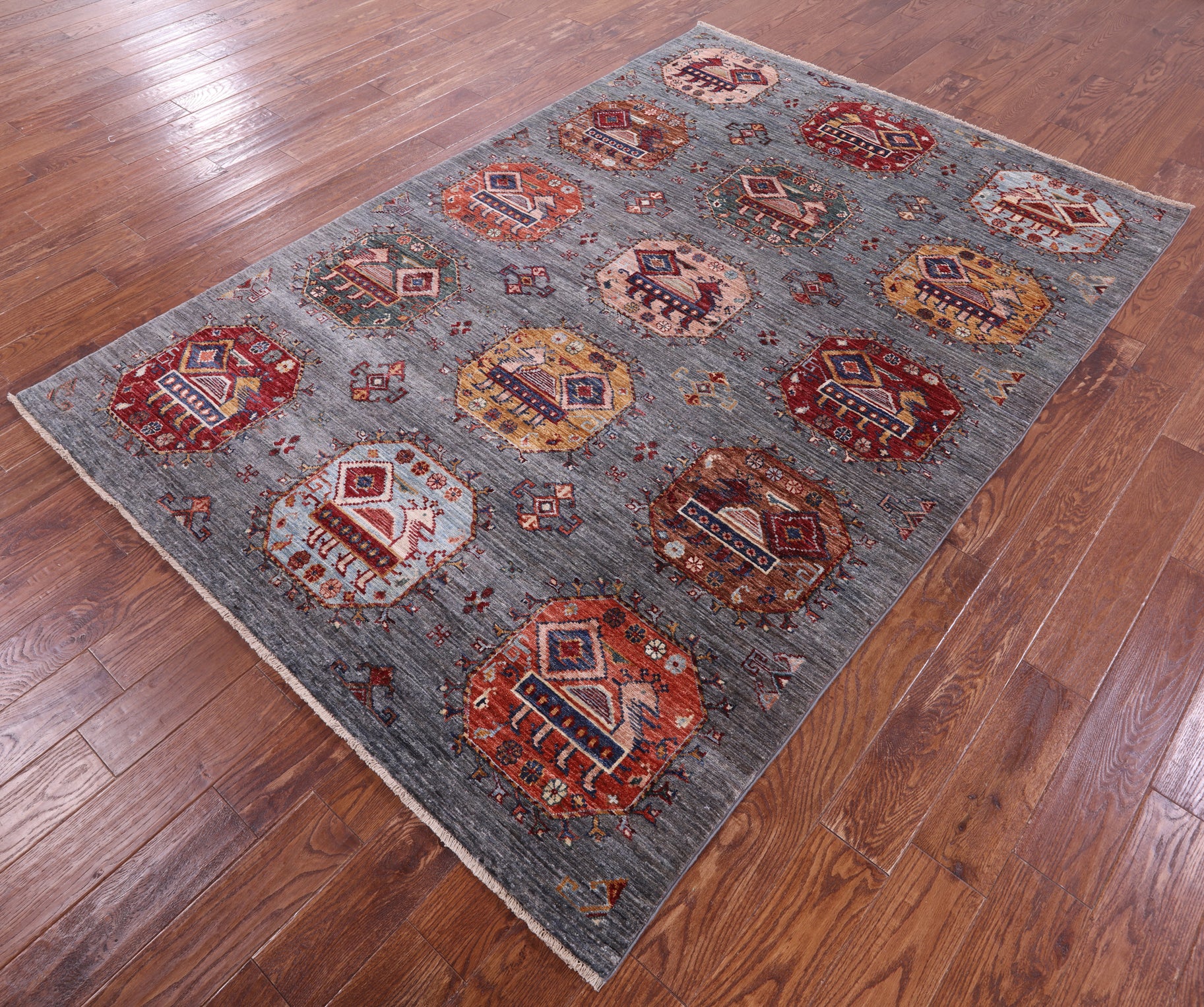 Grey Turkmen Ersari Hand Knotted Wool Rug - 5' 9" X 8' 5" - Golden Nile