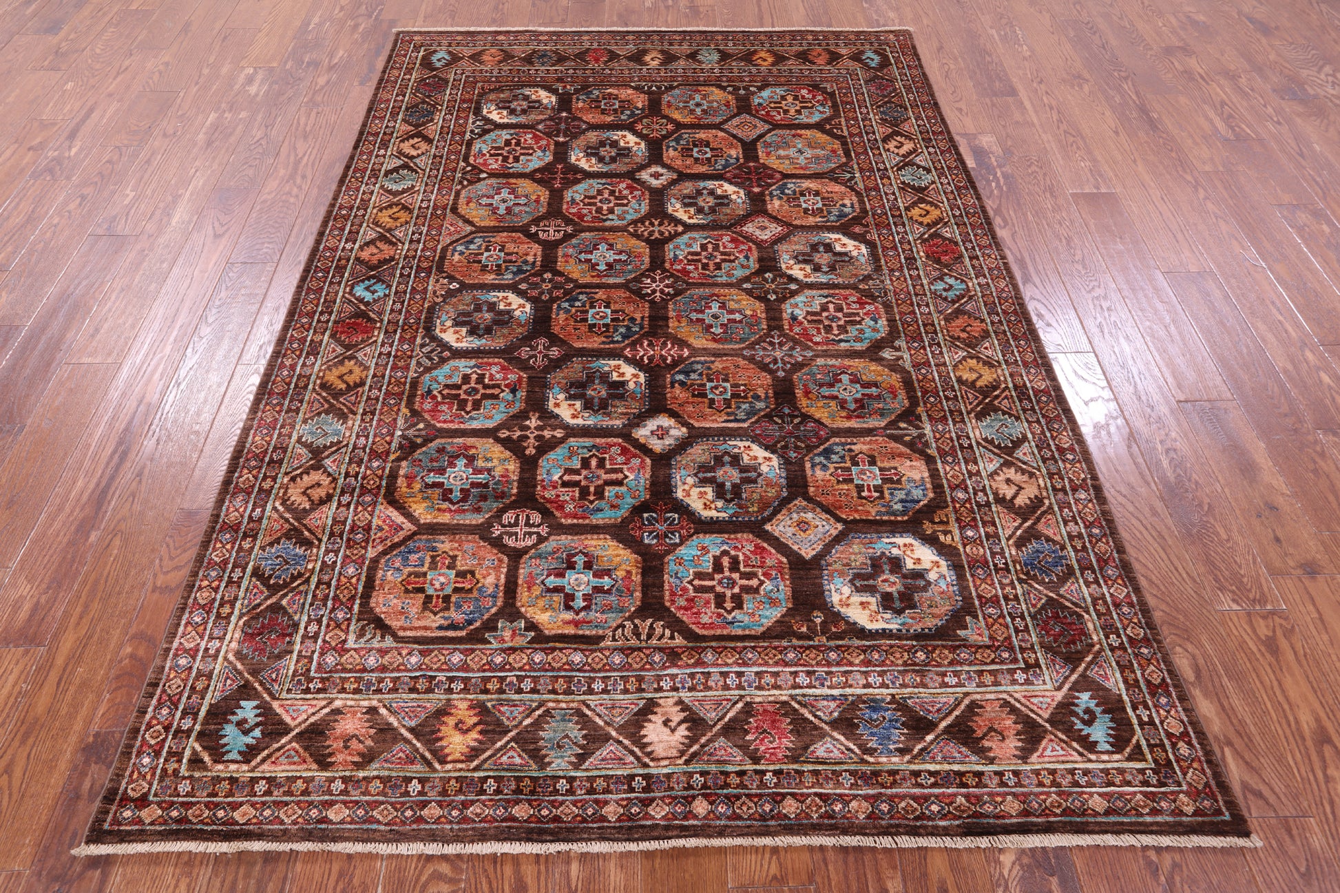 Brown Turkmen Ersari Hand Knotted Wool Rug - 5' 8" X 8' 2" - Golden Nile