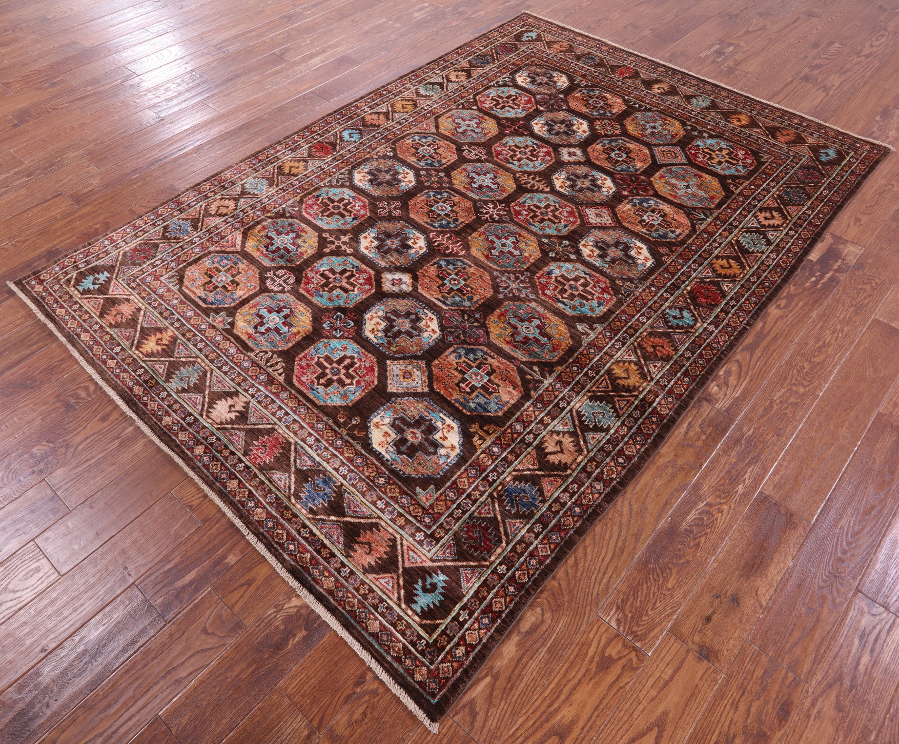 Brown Turkmen Ersari Hand Knotted Wool Rug - 5' 8" X 8' 2" - Golden Nile