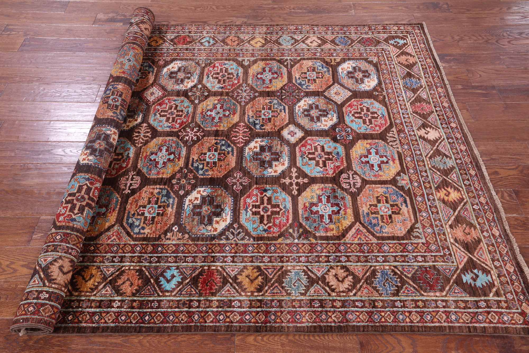Brown Turkmen Ersari Hand Knotted Wool Rug - 5' 8" X 8' 2" - Golden Nile