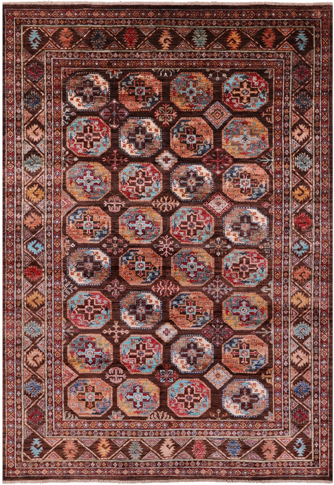 Brown Turkmen Ersari Hand Knotted Wool Rug - 5' 8" X 8' 2" - Golden Nile