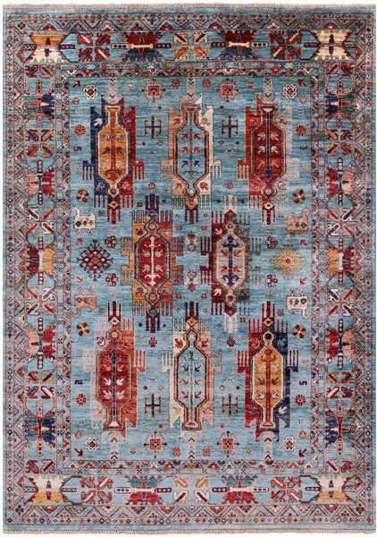 Blue Persian Fine Serapi Hand Knotted Wool Rug - 4' 11" X 6' 9" - Golden Nile