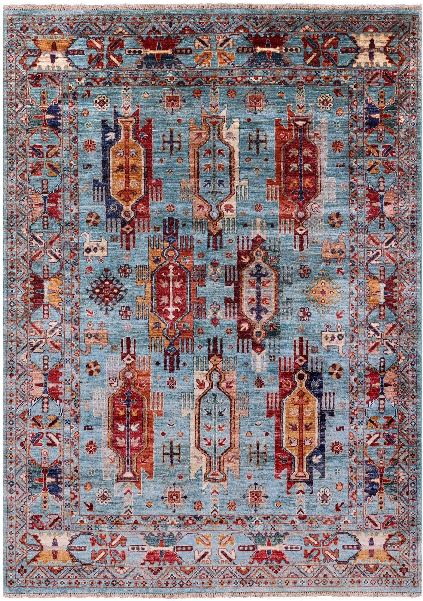 Blue Persian Fine Serapi Hand Knotted Wool Rug - 4' 11" X 6' 9" - Golden Nile