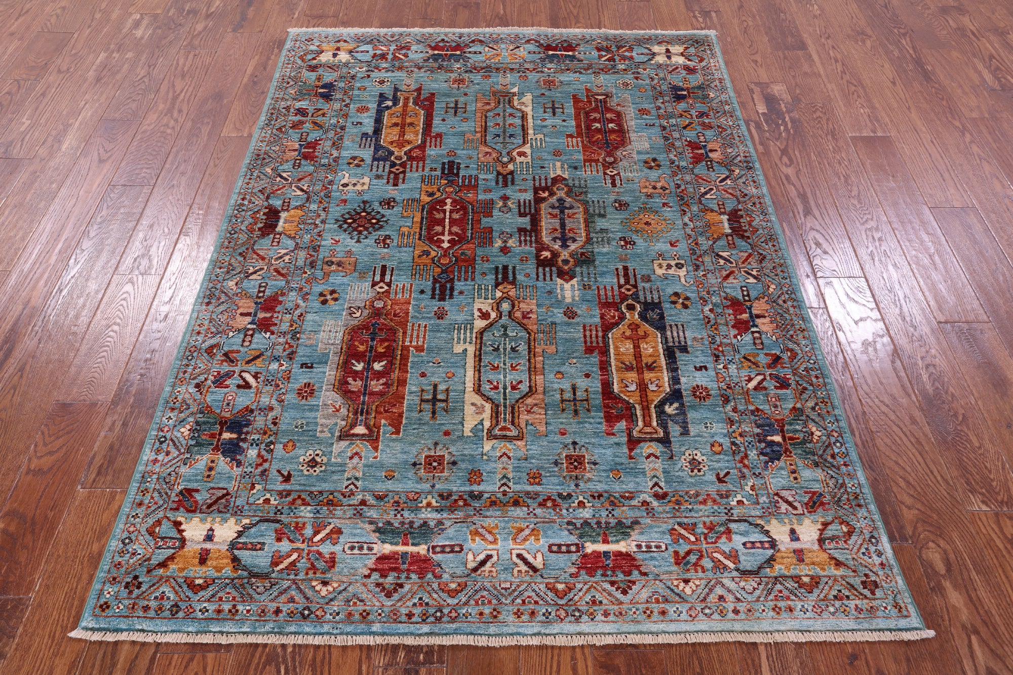 Blue Persian Fine Serapi Hand Knotted Wool Rug - 4' 11" X 6' 9" - Golden Nile