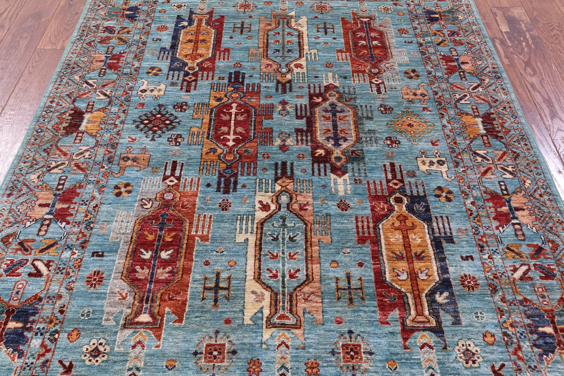 Blue Persian Fine Serapi Hand Knotted Wool Rug - 4' 11" X 6' 9" - Golden Nile