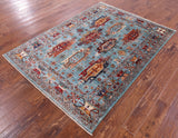 Blue Persian Fine Serapi Hand Knotted Wool Rug - 4' 11" X 6' 9" - Golden Nile
