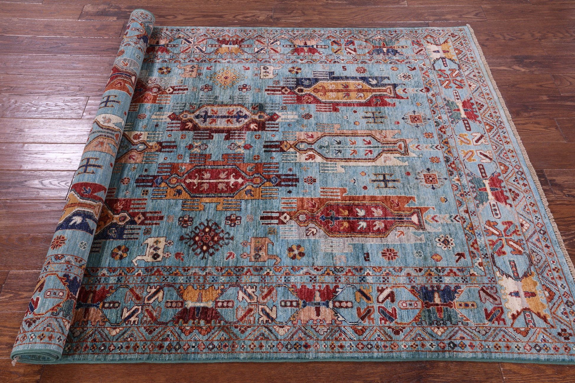 Blue Persian Fine Serapi Hand Knotted Wool Rug - 4' 11" X 6' 9" - Golden Nile
