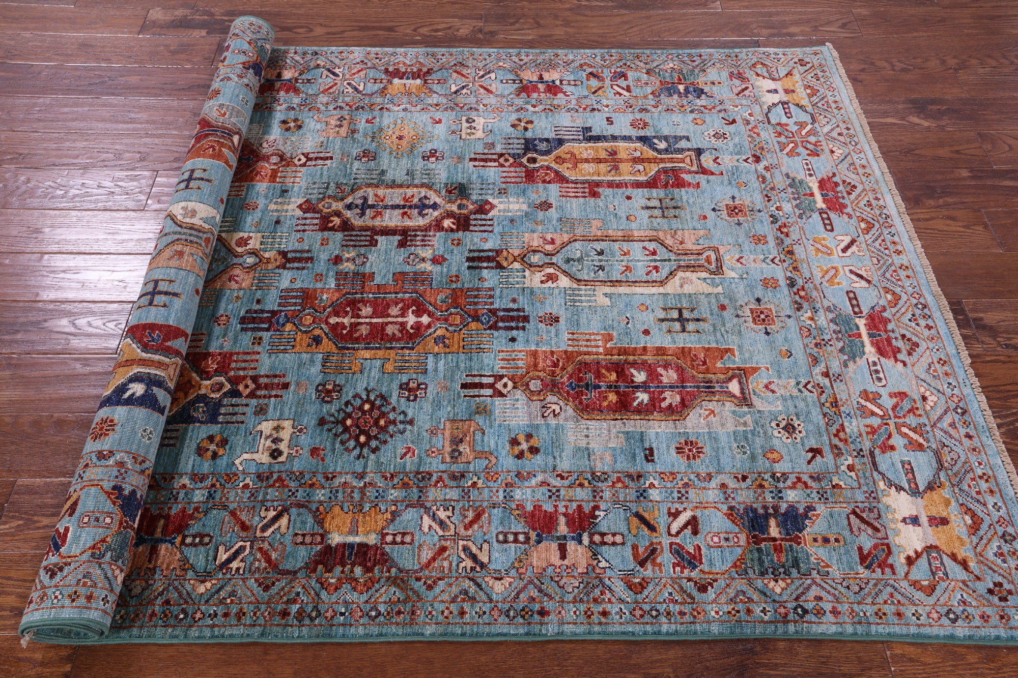 Blue Persian Fine Serapi Hand Knotted Wool Rug - 4' 11" X 6' 9" - Golden Nile