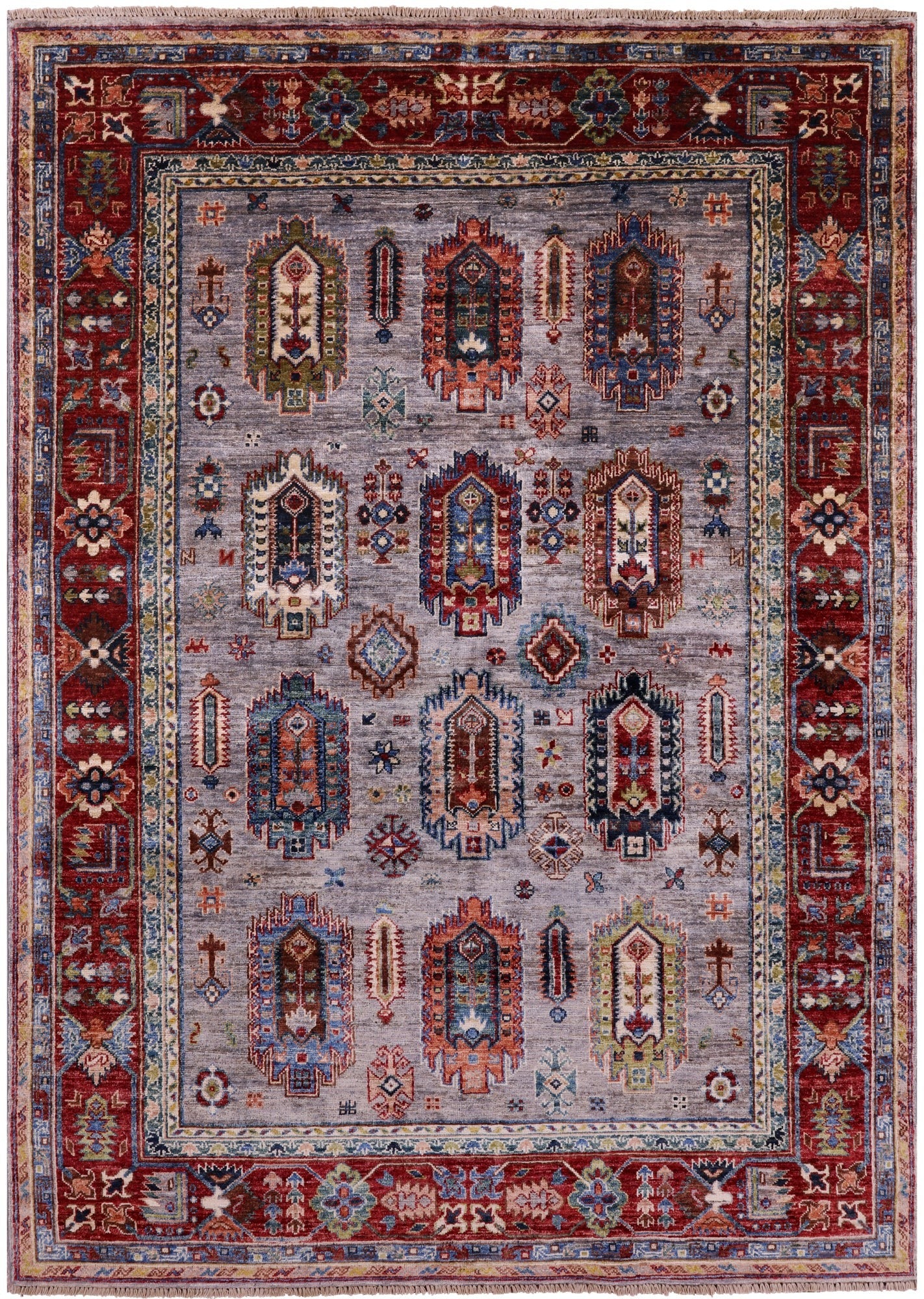 Grey Turkmen Ersari Hand Knotted Wool Rug - 5' 0" X 7' 0" - Golden Nile