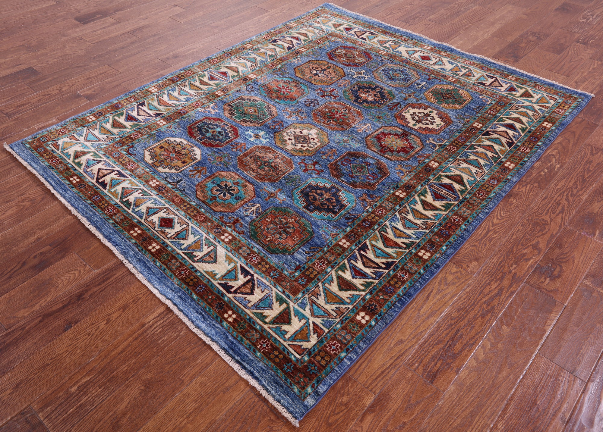 Blue Turkmen Ersari Hand Knotted Wool Rug - 5' 4" X 6' 8" - Golden Nile