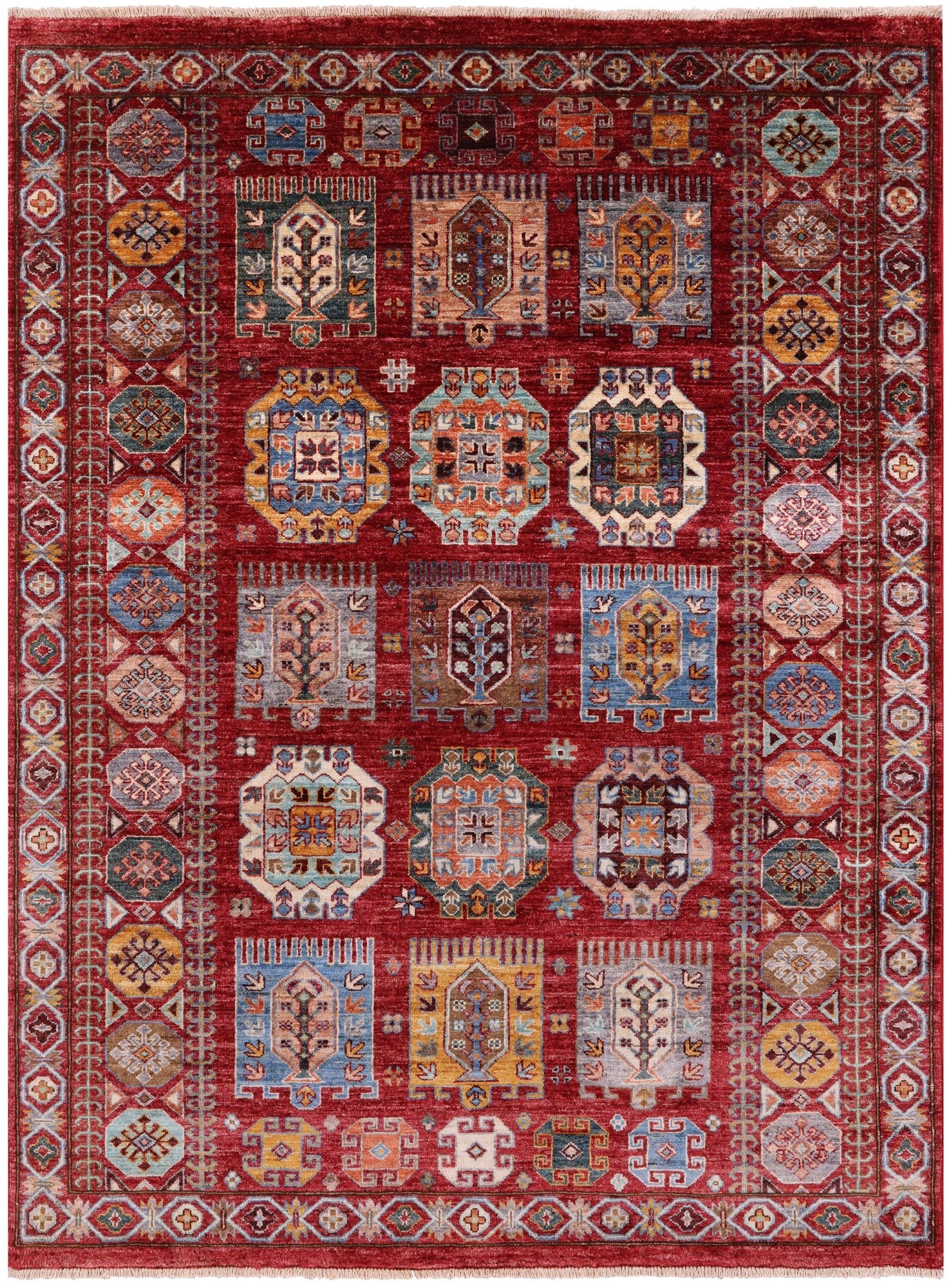 Red Turkmen Ersari Hand Knotted Wool Rug - 4' 11" X 6' 9" - Golden Nile