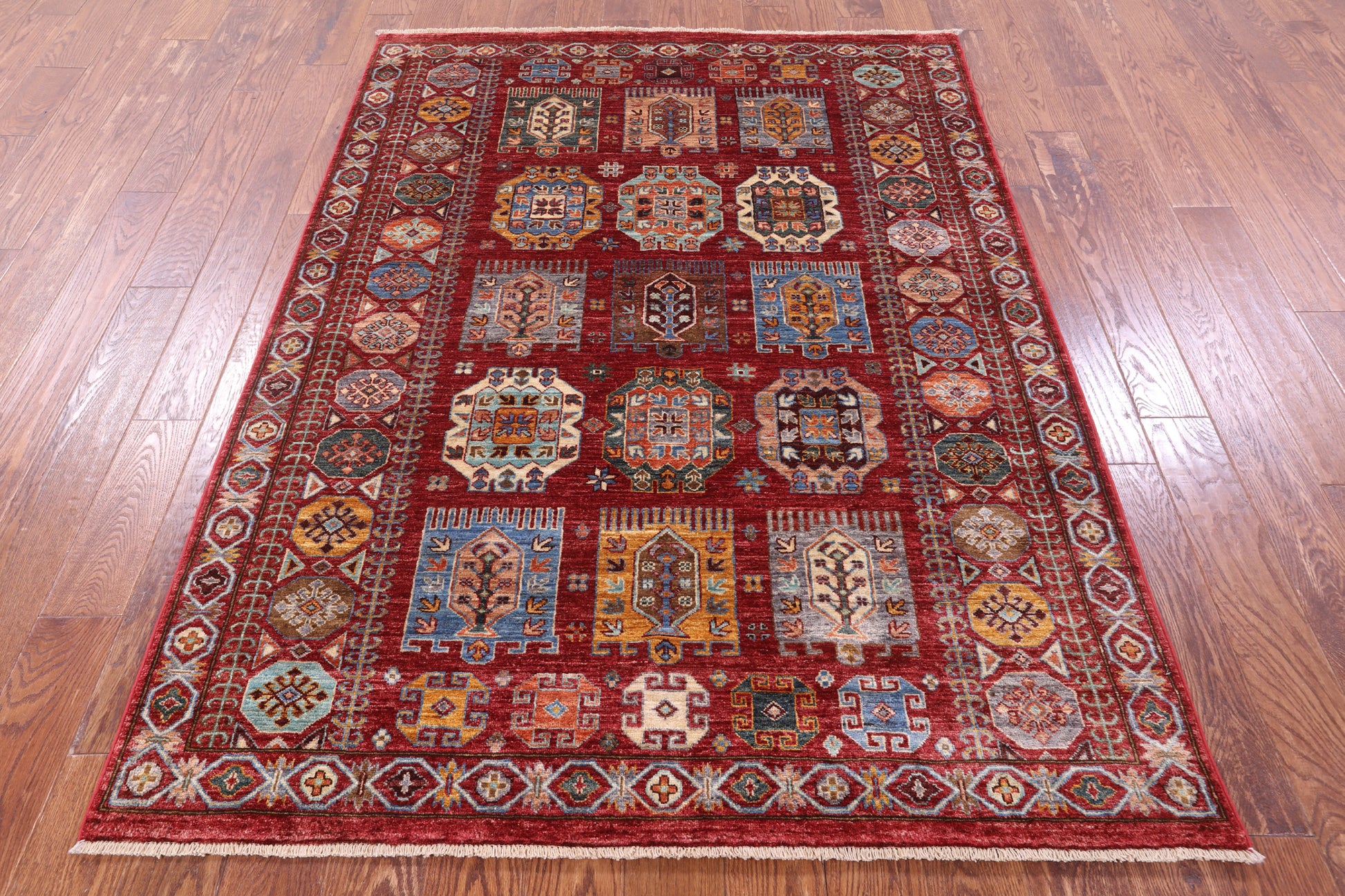 Red Turkmen Ersari Hand Knotted Wool Rug - 4' 11" X 6' 9" - Golden Nile