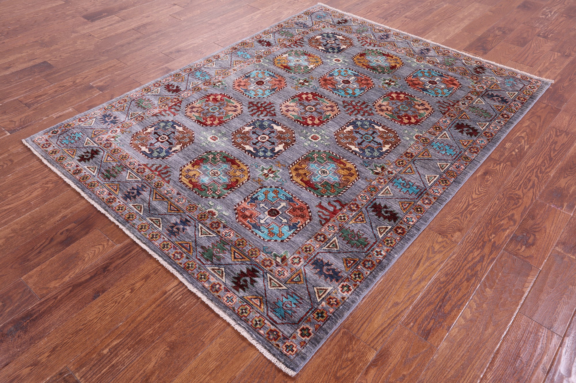 Grey Turkmen Ersari Hand Knotted Wool Rug - 5' 1" X 6' 9" - Golden Nile