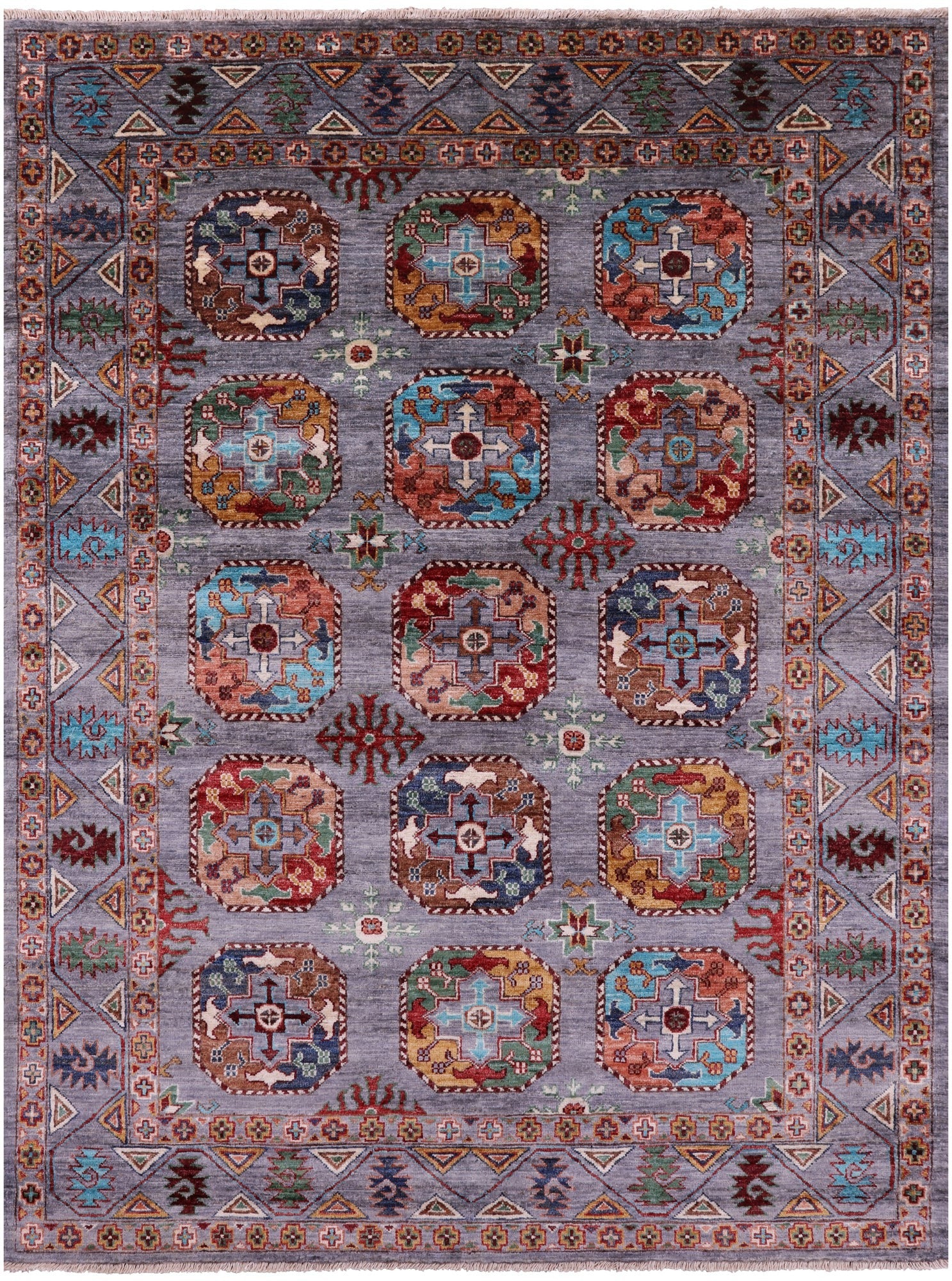 Grey Turkmen Ersari Hand Knotted Wool Rug - 5' 1" X 6' 9" - Golden Nile