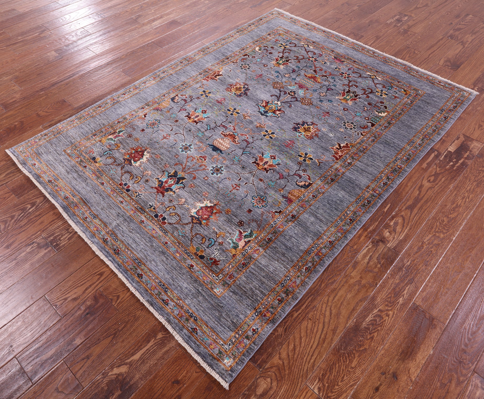 Grey Peshawar Hand Knotted Wool Rug - 5' 0" X 6' 10" - Golden Nile