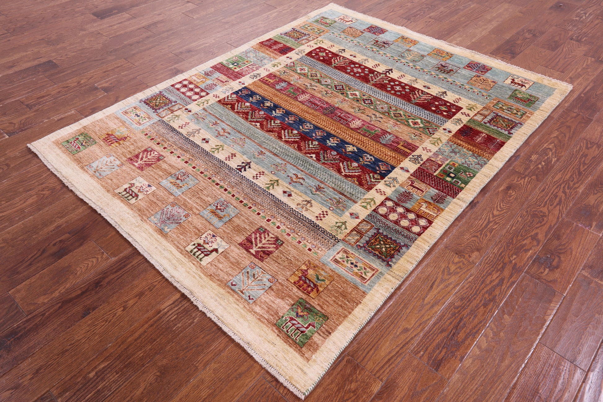 Persian Tribal Gabbeh Hand Knotted Wool Rug - 5' 0" X 6' 7" - Golden Nile