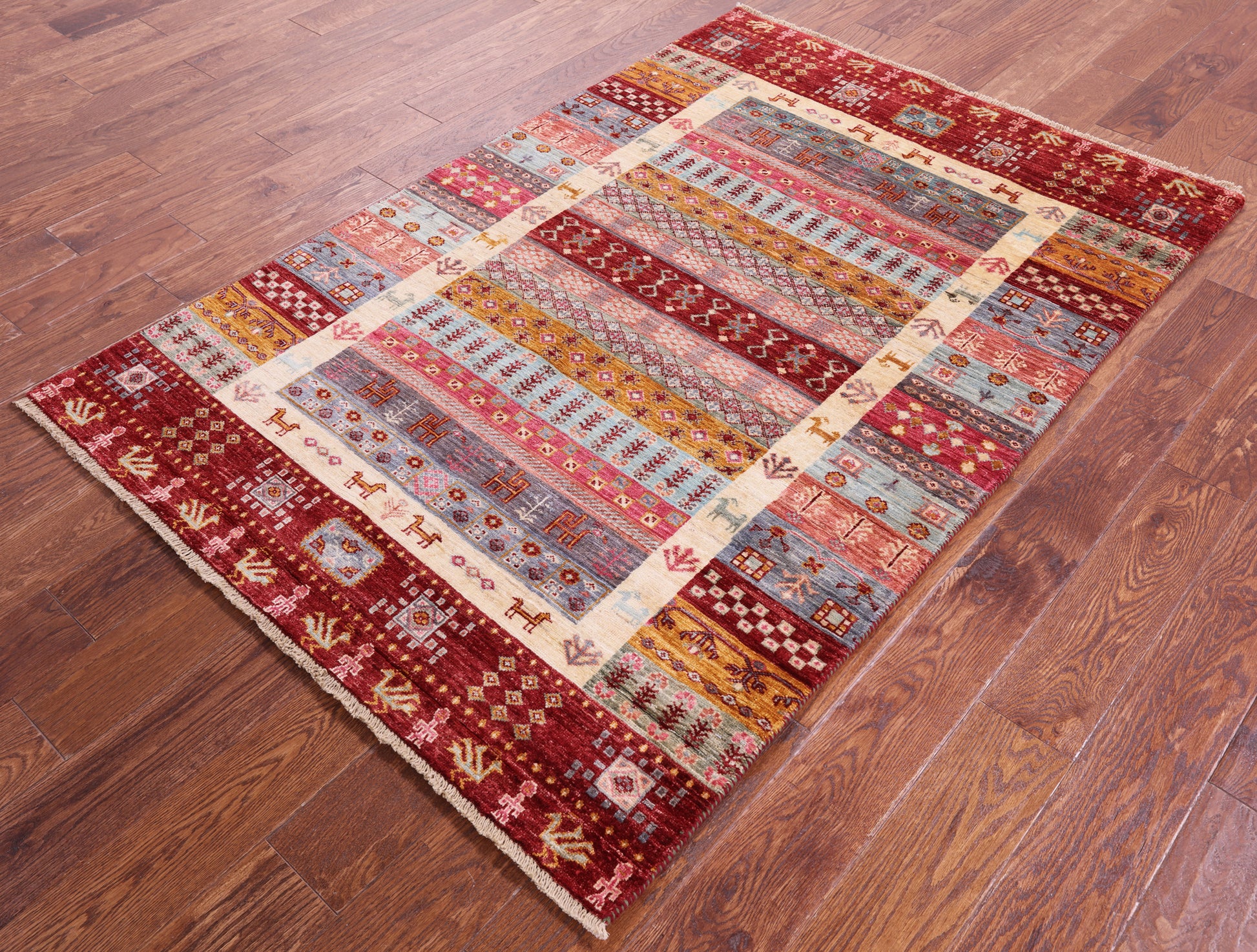 Tribal Persian Gabbeh Hand Knotted Wool Rug - 4' 1" X 6' 0" - Golden Nile