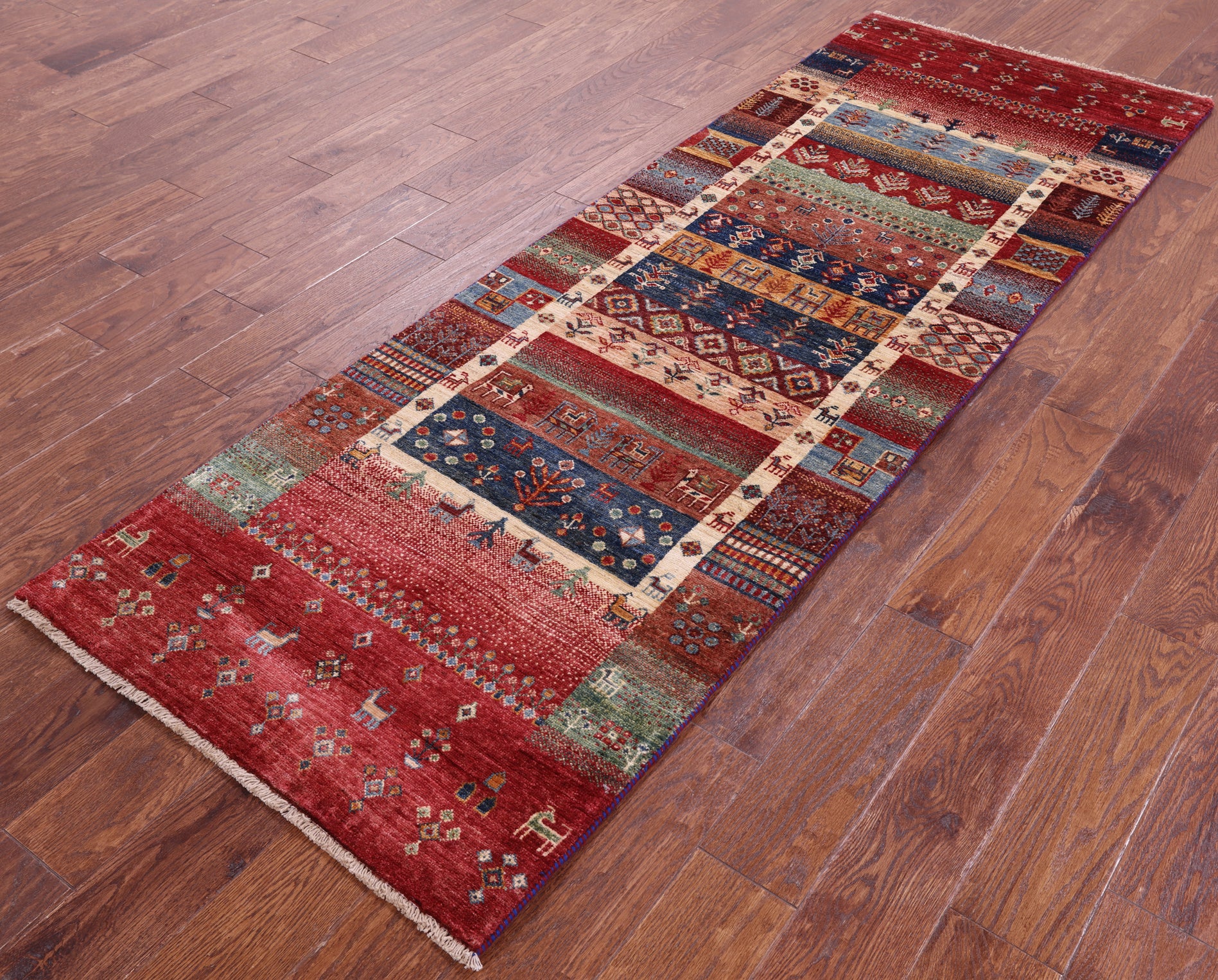 Tribal Persian Gabbeh Hand Knotted Wool Runner Rug - 2' 8" X 8' 0" - Golden Nile
