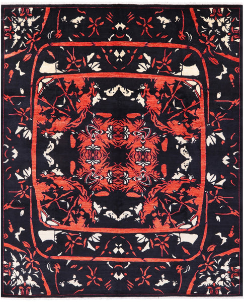 Black William Morris Handmade Wool Rug - 9' 2" X 11' 5" - Golden Nile